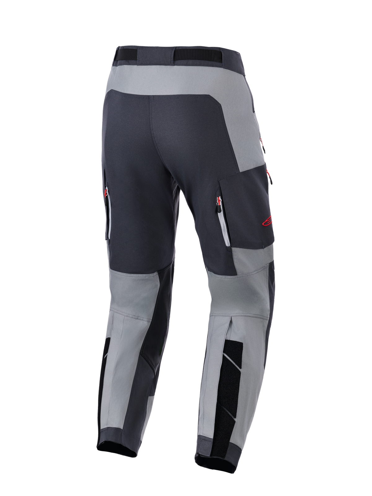 Alpinestars Maxdura Dual Pants, spodnie motocyklowe adventure, ciemnoszare i głęboko szare, widok z tyłu ukazujący wzmocnioną strefę siedzenia i kieszenie wentylacyjne na zamek z czerwonymi akcentami, zaprojektowane do jazdy dual-sport