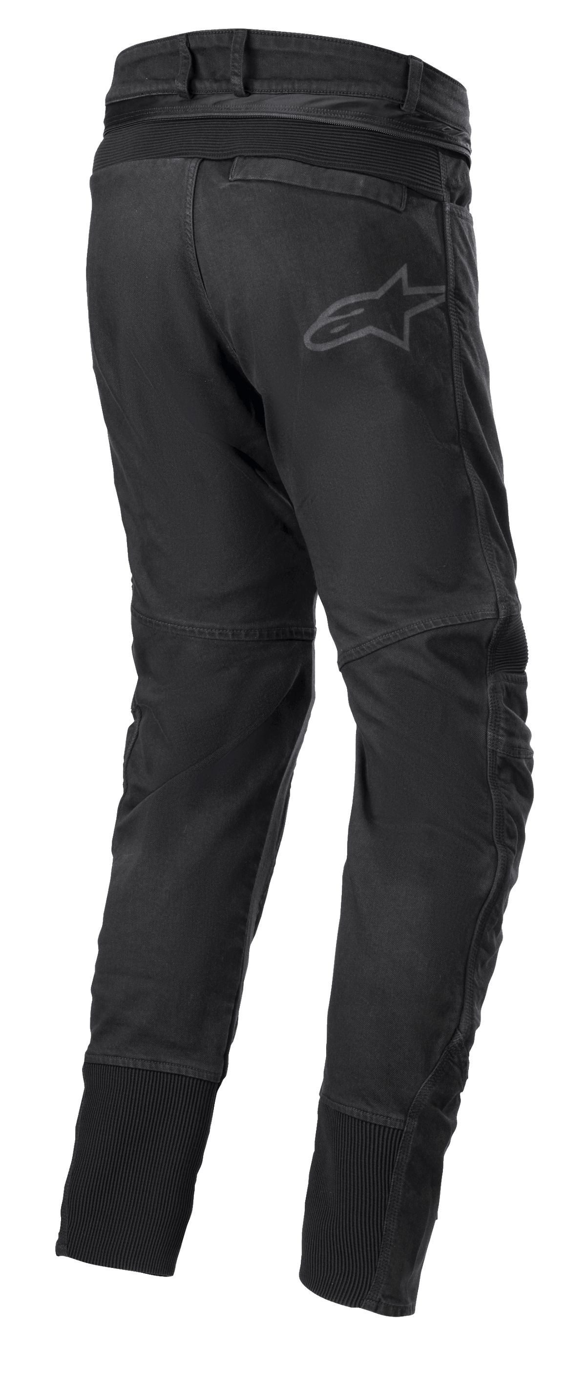 Alpinestars SP Pro Pants, techniczne sportowe spodnie motocyklowe w kolorze czarnym, widok z tyłu pokazujący zamek do łączenia w pasie, elastyczne wstawki RIDEKNIT na tylnym karczku i łydkach oraz subtelne logo.
