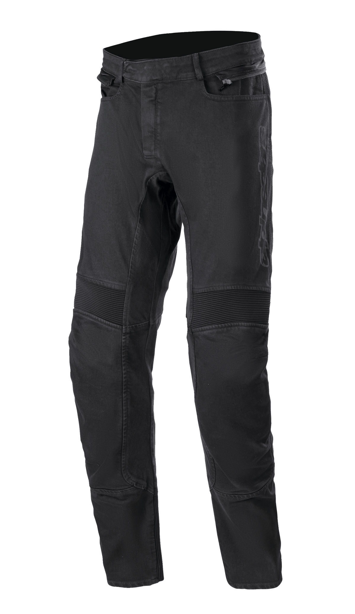 Alpinestars SP Pro Pants, techniczne spodnie motocyklowe, czarne, elastyczny denim o dopasowanym kroju, żebrowane panele harmonijkowe na kolanach, boczne kieszenie na zamek, wytrzymałe potrójne szwy