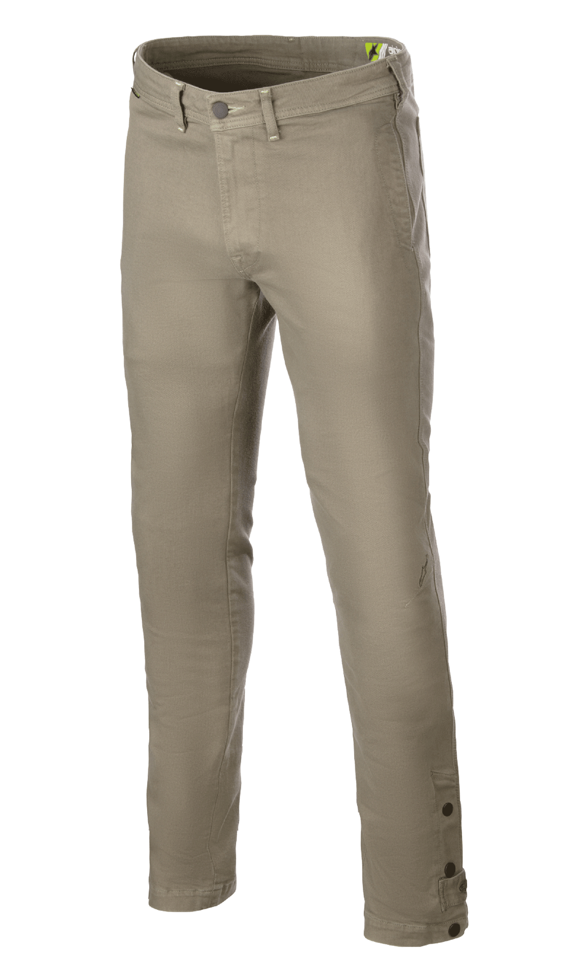 Alpinestars Stratos Regular Fit Tech Riding Pants, zielone spodnie motocyklowe Military Green, zwężany krój, regulowane kostki.