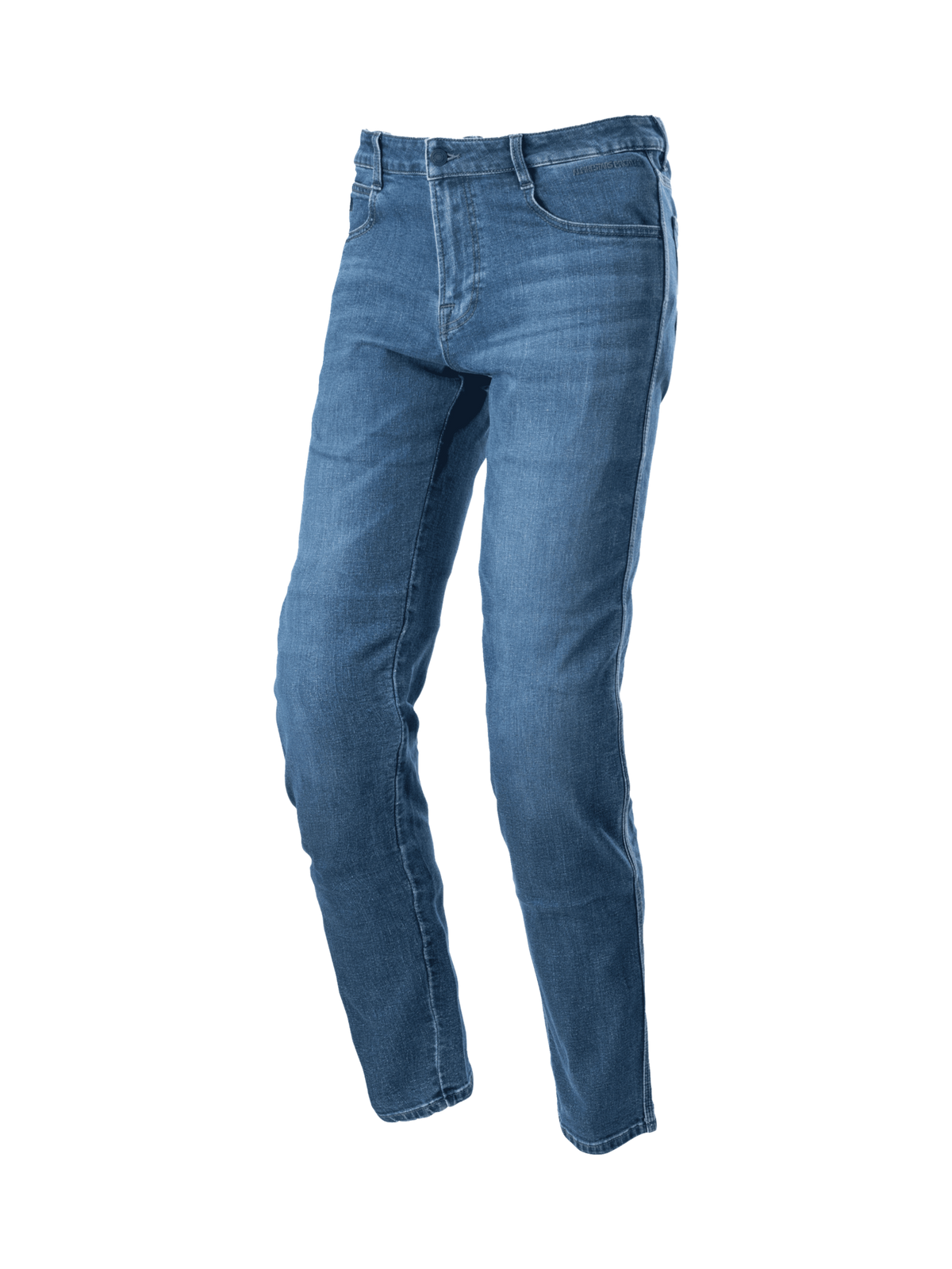 Alpinestars Jeansy Radon Regular Fit, męskie spodnie motocyklowe urban, niebieskie, materiał jeansowy, certyfikowane ochraniacze kolan CE, styl casualowy na miasto