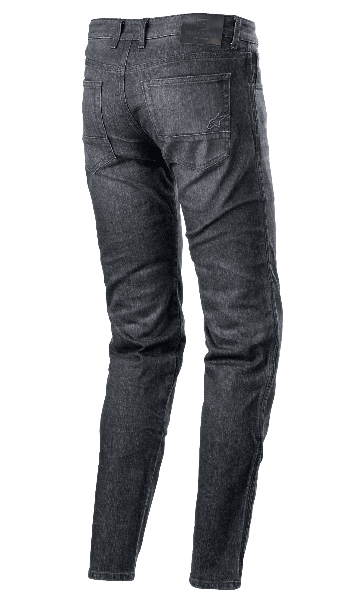 Alpinestars Sektor Regular Fit Denim Pants, motocyklowe spodnie dżinsowe, kolor Black Washed, widok z tyłu ukazujący fason z pięcioma kieszeniami, wyszywane logo na tylnej kieszeni, czarna skórzana naszywka w pasie, zwężana nogawka, miejska techniczna odzież motocyklowa