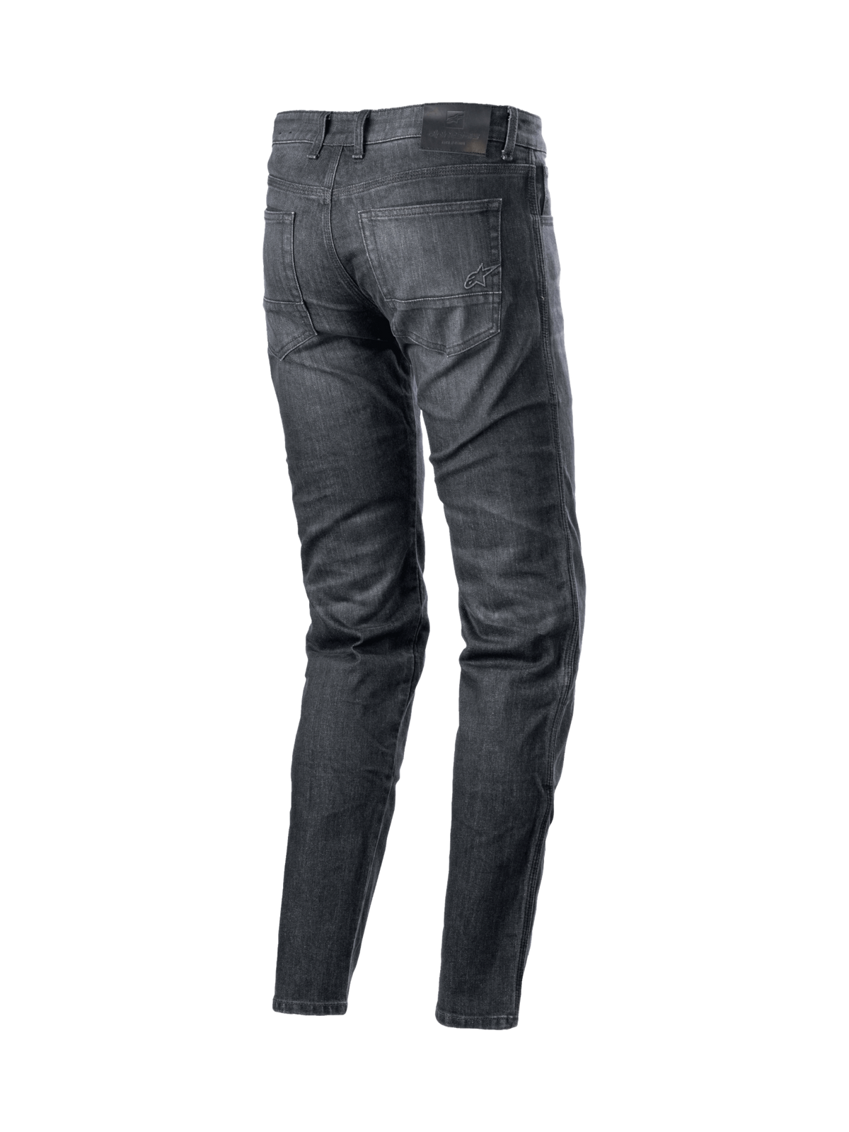 Alpinestars Jeansy Sektor Standard Fit, męskie spodnie motocyklowe urban, czarny spierany denim, widok z tyłu na kieszenie i logo, wzmocnienia aramidowe, styl codzienny