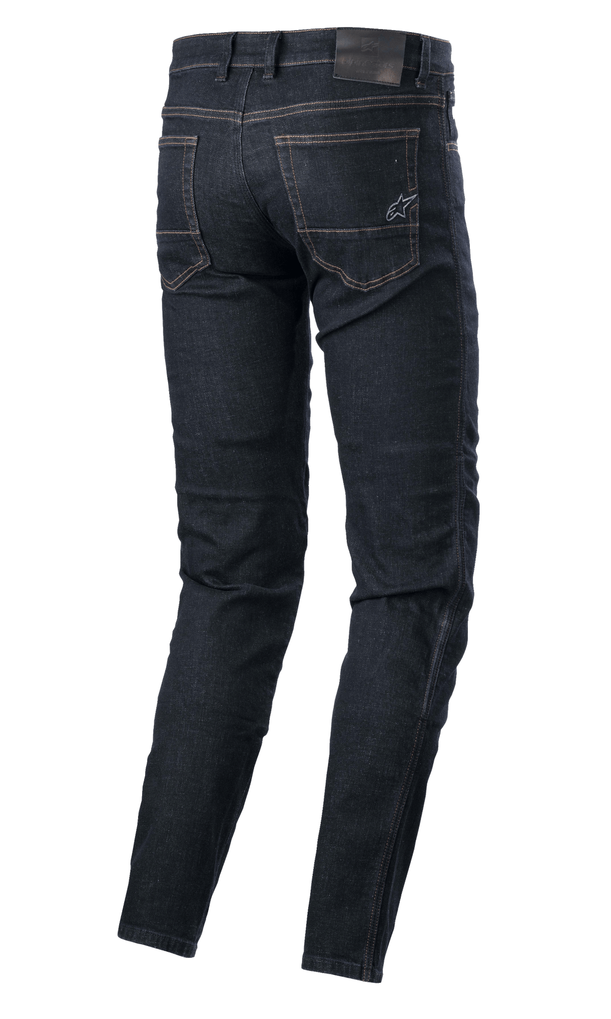 Alpinestars Sektor Regular Fit Denim, techniczne spodnie motocyklowe, Rinse Blue, widok z tyłu przedstawiający tylne kieszenie z haftowanym logo gwiazdy, skórzaną naszywką w pasie i potrójnymi szwami, miejska odzież motocyklowa