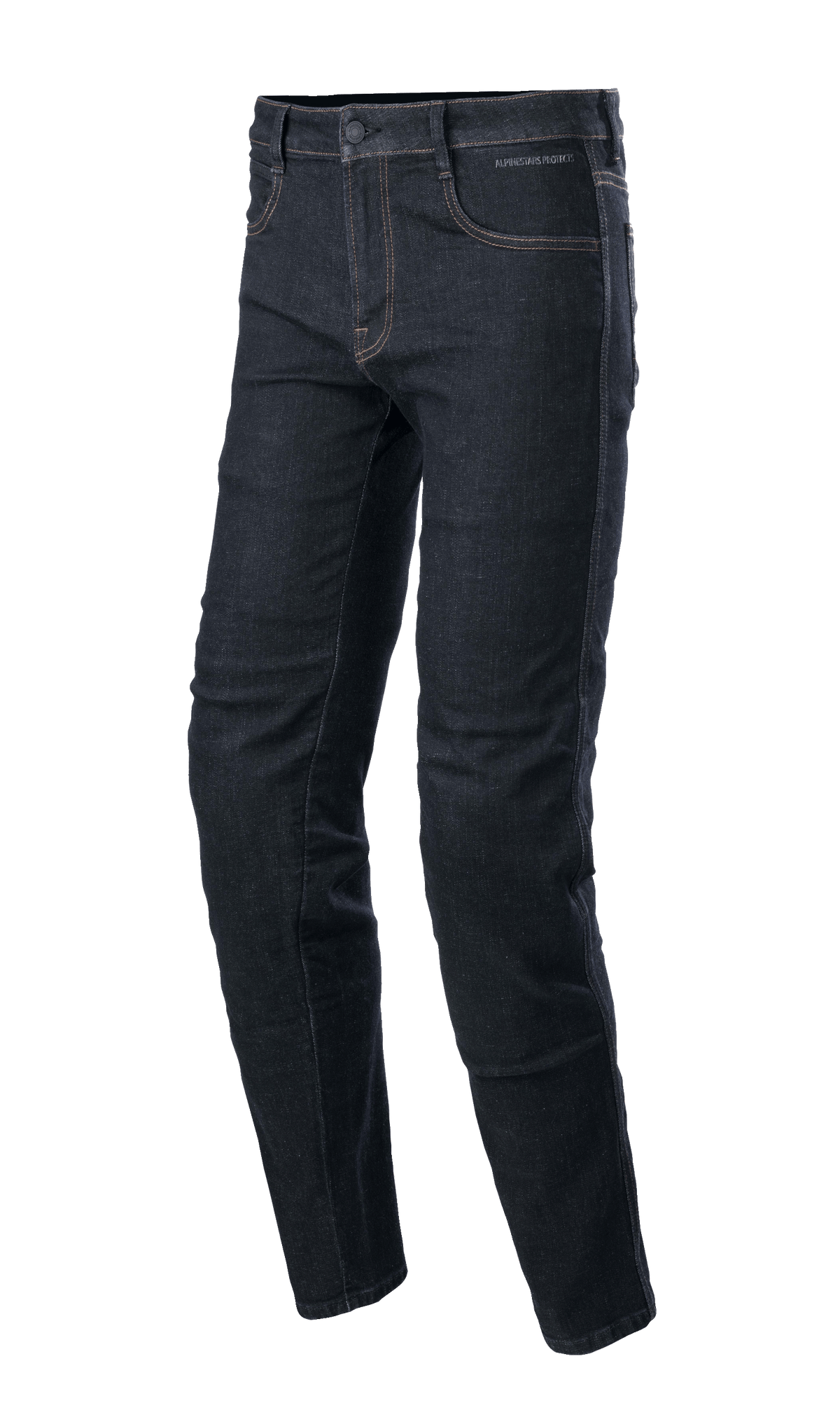 Alpinestars Sektor Regular Fit Denim, ciemnoniebieskie spodnie motocyklowe, zwężana nogawka z kontrastowymi szwami, fason z pięcioma kieszeniami, szlufki na pasek i zapięcie na guzik, elastyczny denim, miejski styl jazdy