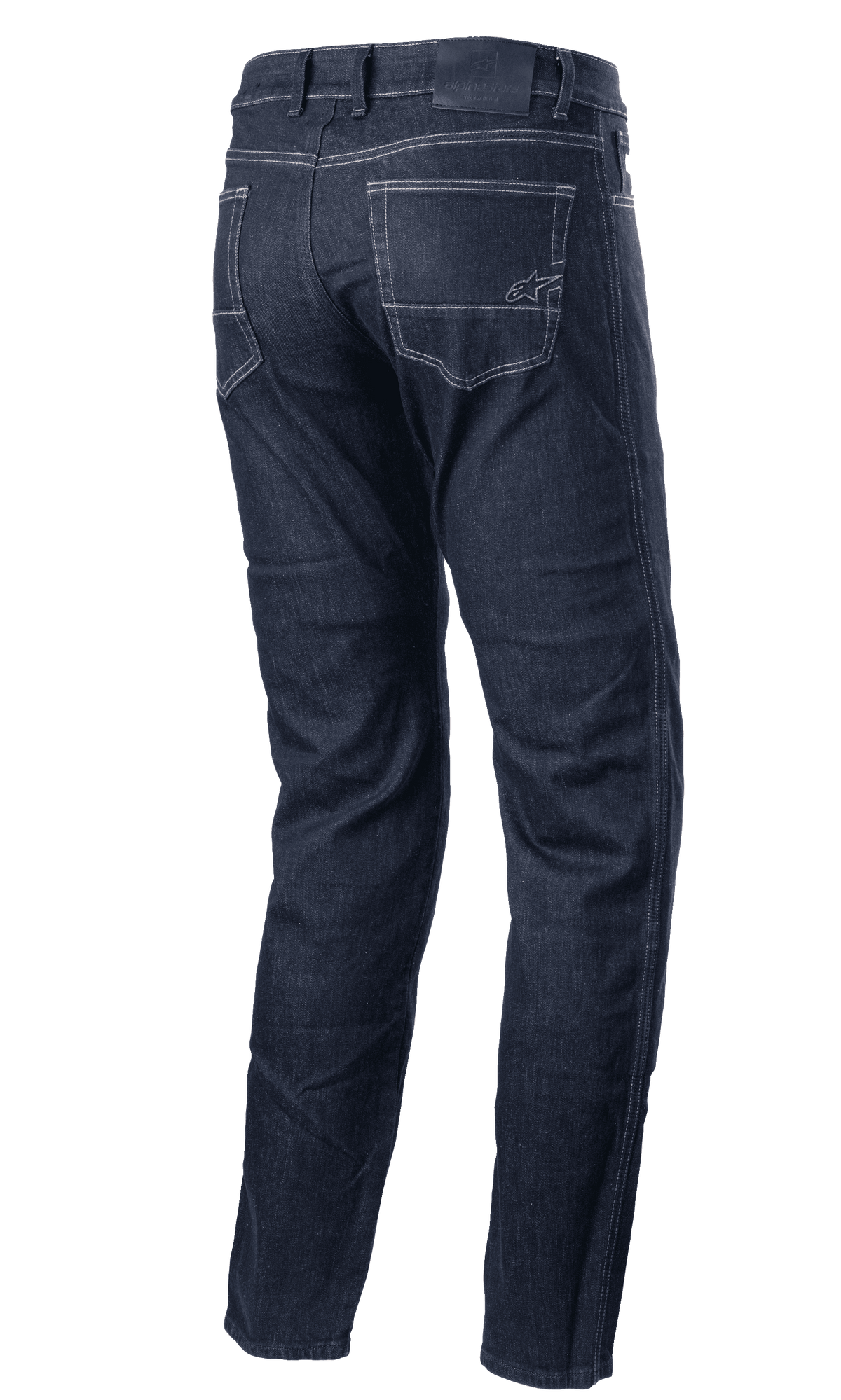 Alpinestars Sektor Regular Fit Denim Pants, miejskie spodnie motocyklowe, ciemnoniebieski denim, widok z tyłu przedstawiający tylne kieszenie z jasnymi kontrastowymi szwami, małe haftowane logo, regularny krój ze zwężanymi nogawkami