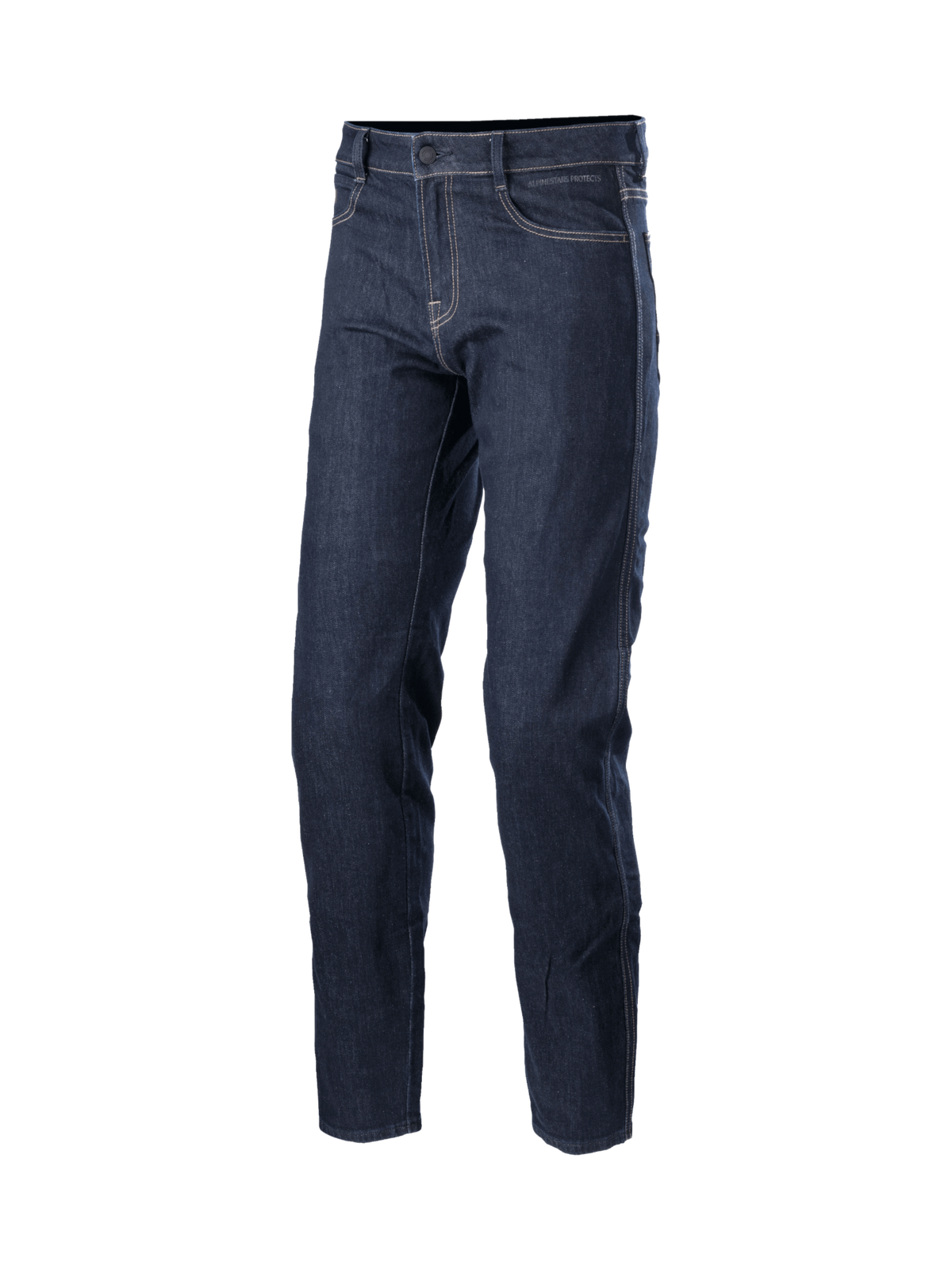 Alpinestars Sektor Regular Fit Denim Pants, urban motorcycle riding jeans in dark blue with triple stitching and CE certified protection.