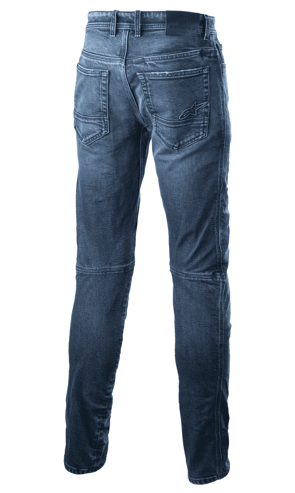 Alpinestars Argon Slim Fit Denim Pants, motocyklowe spodnie dżinsowe, kolor Mid Blue, widok z tyłu pokazujący tylne kieszenie z haftowanym logo gwiazdy, dopasowany krój slim fit, techniczna konstrukcja dżinsowa do jazdy miejskiej