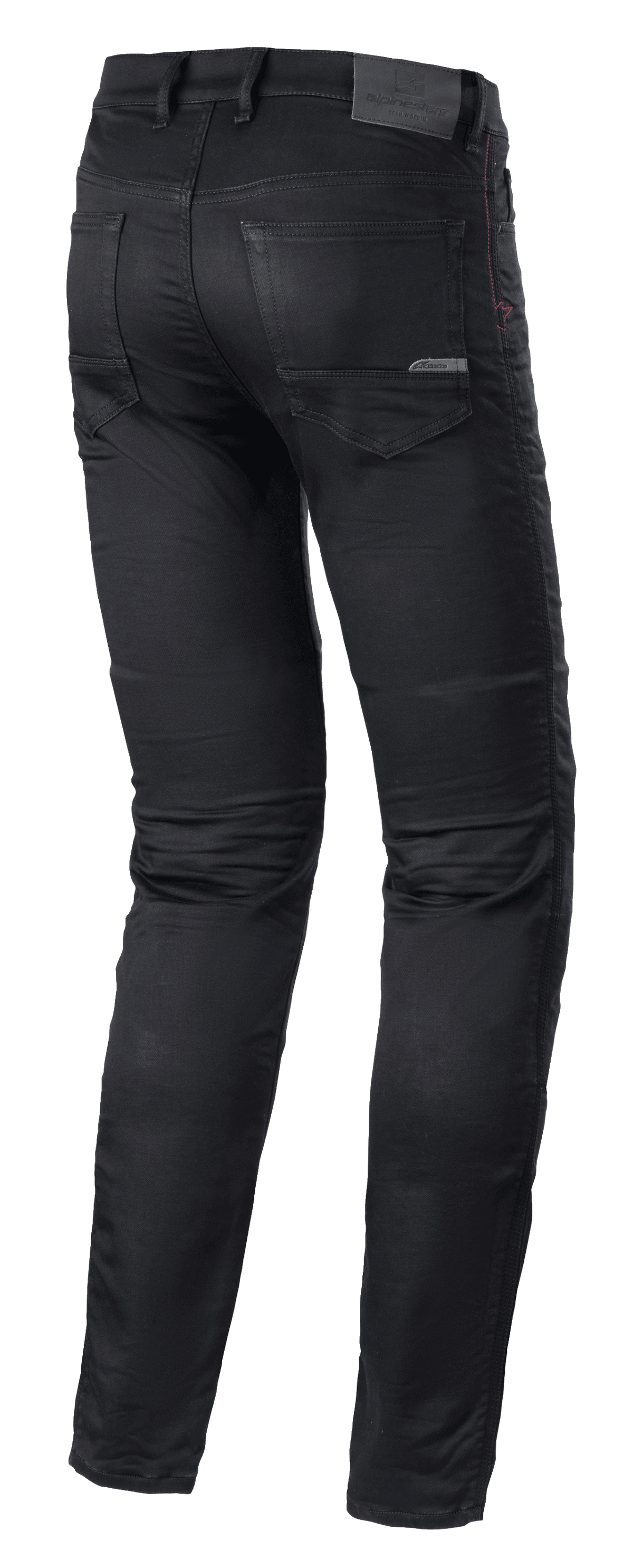 Alpinestars Cerium Tech Stretch Riding Denim, motocyklowe dżinsy, Black Rinse, krój slim fit, widok z tyłu z profilowaną konstrukcją nogawek, tylnymi kieszeniami i skórzaną naszywką w pasie z tłoczonym logo