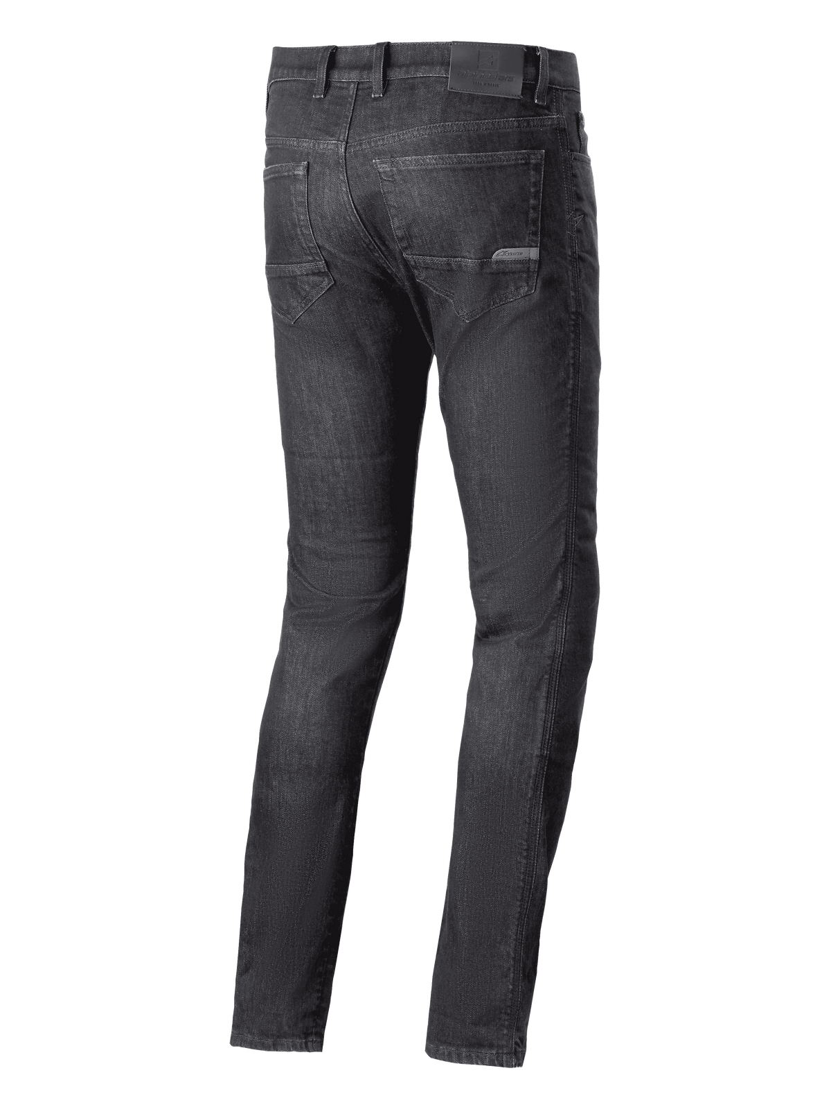 Alpinestars Cerium Denim Tech Riding Pants, motocyklowe spodnie jeansowe, czarny spierany, widok z tyłu z tylnymi kieszeniami i naszywką z logo na pasie, casualowy miejski styl