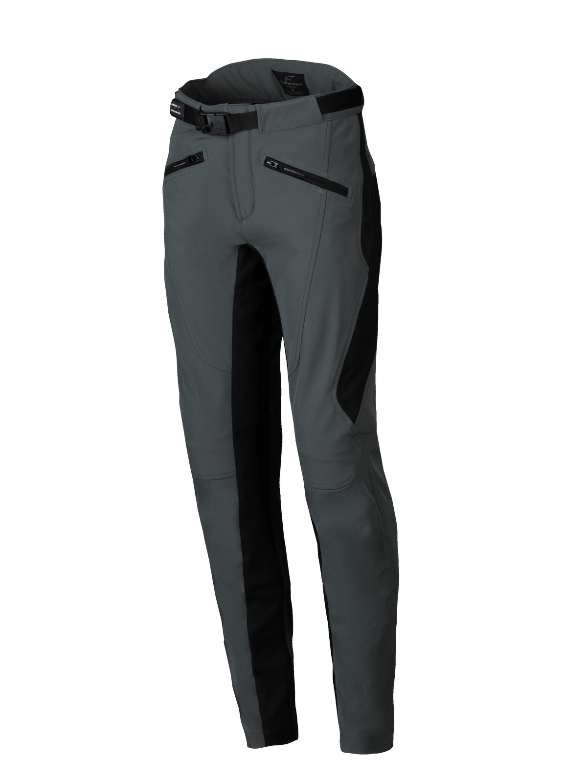 Alpinestars spodnie Alamosa, damskie miejskie spodnie motocyklowe, szare i czarne, softshell, Slim Fit, regulowany pasek.