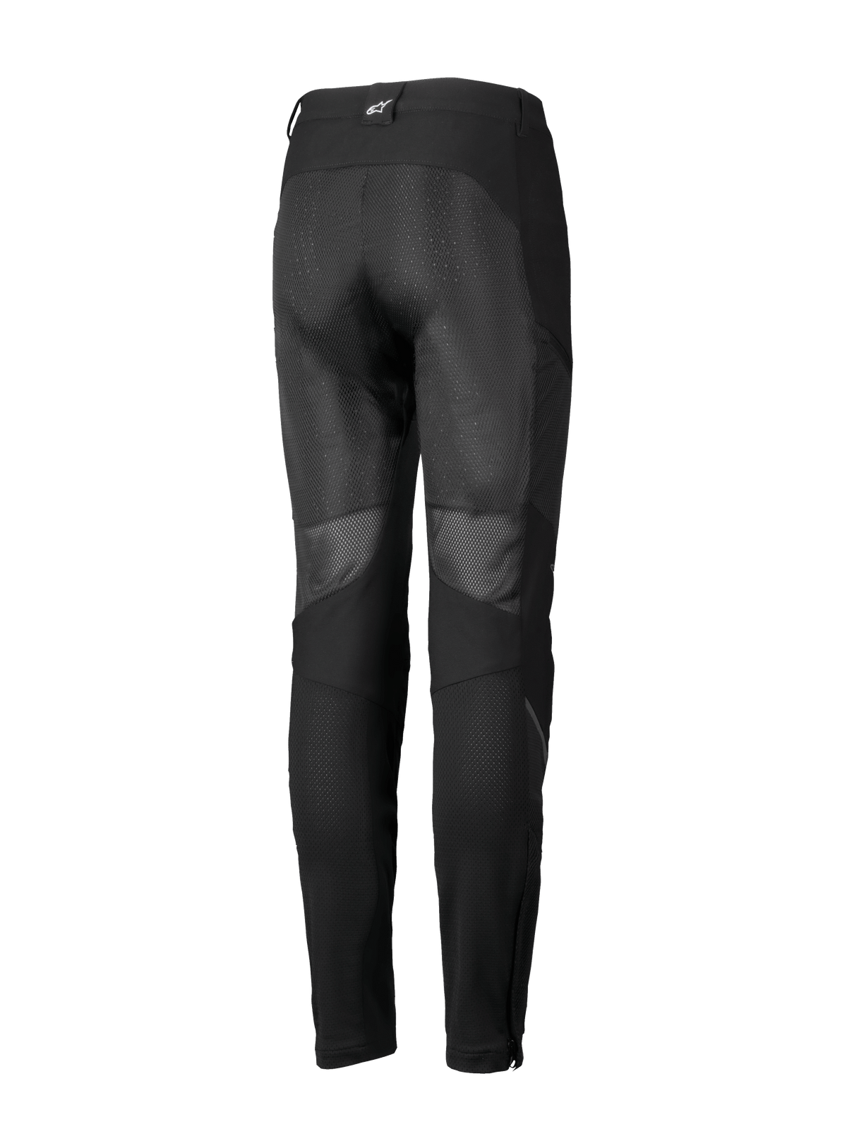 Alpinestars Stella Troop-Air Pants, damskie spodnie motocyklowe, czarne, widok z tyłu z dużymi siatkowymi panelami wentylacyjnymi z tyłu nogawek, konstrukcja tekstylna i małe białe logo na tylnej szlufce.