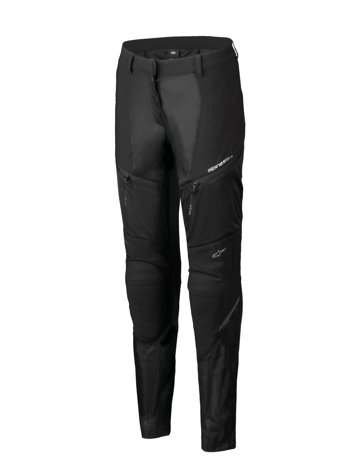 Alpinestars Stella Troop-Air Pants, damskie spodnie motocyklowe, czarne, z obszernymi panelami wentylacyjnymi z siatki, kieszeniami zapinanymi na zamek, techniczny sportowy krój, białe logo Alpinestars