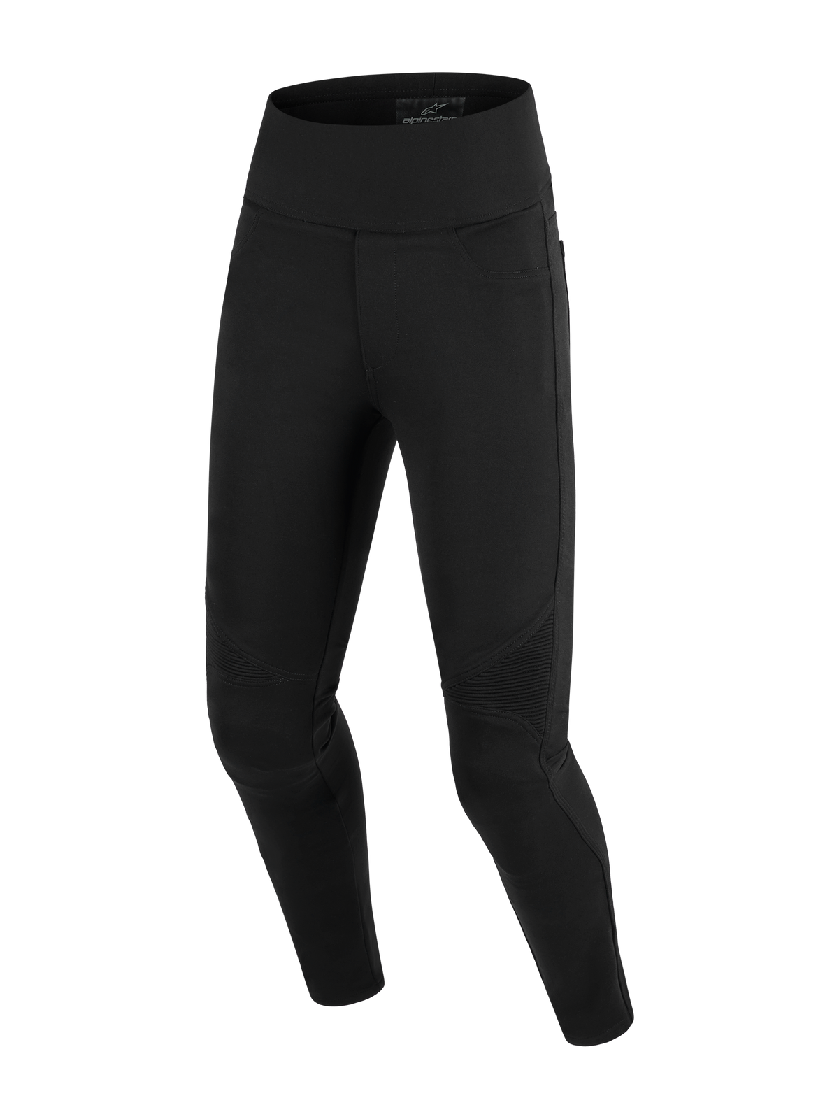 Alpinestars Stella Flex-Ast Leggings, damskie legginsy motocyklowe, czarne, wysoki stan, harmonijkowe panele na kolanach, dopasowana tekstylna konstrukcja do jazdy miejskiej