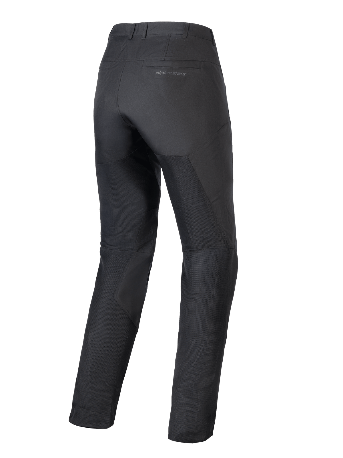 Alpinestars Woman Stella C-1 Air Pants, Black Motorcycle Pants, Rear View, showing large tech mesh panels on the legs for airflow, sleek urban design with subtle branding on the back pocket