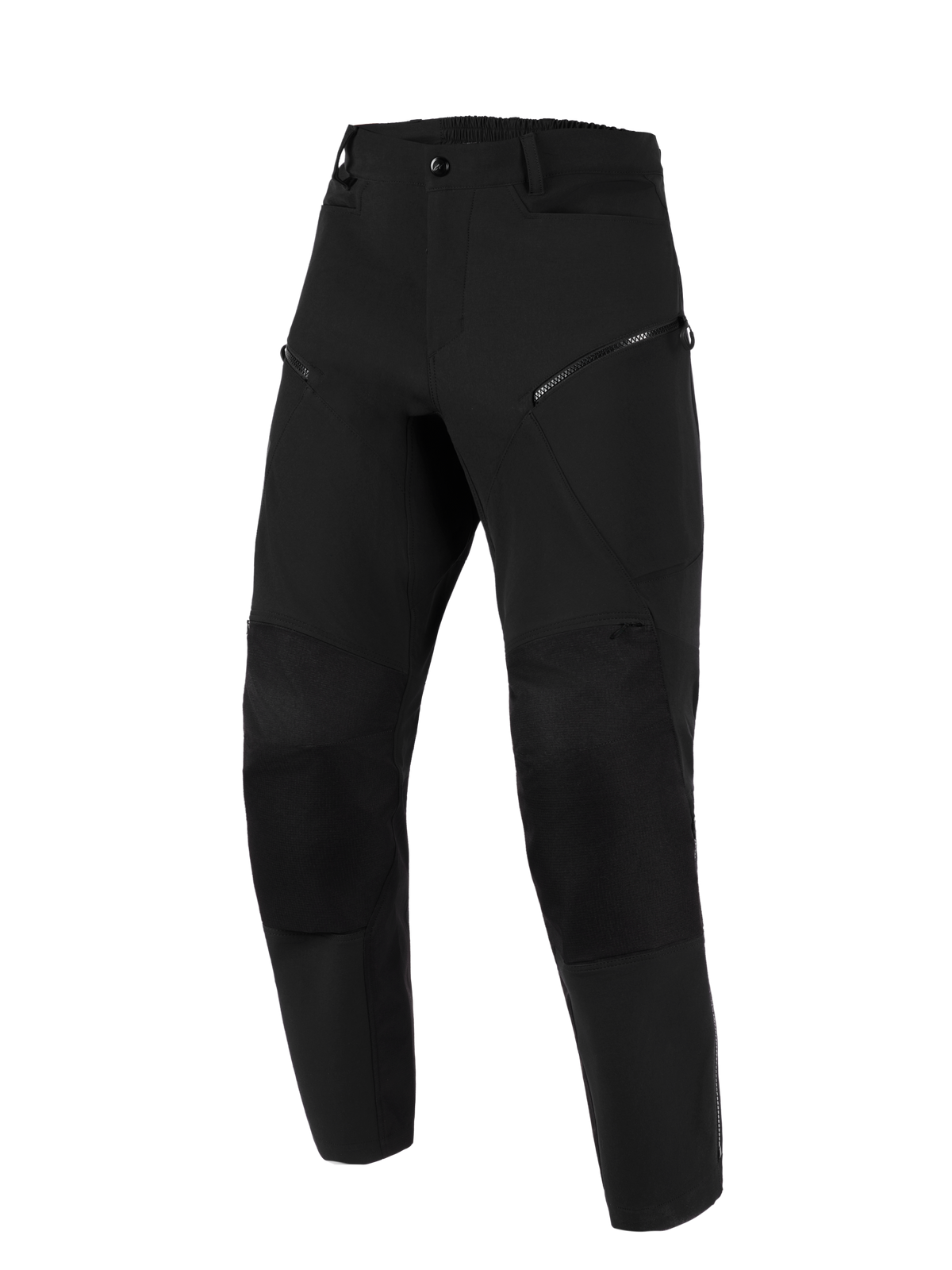 Alpinestars Stella Flex-AST Explorer Pants, Women's Motorcycle Pants, Black, front view, featuring zippered thigh pockets, reinforced knee panels, and elasticated waistband, designed for adventure touring