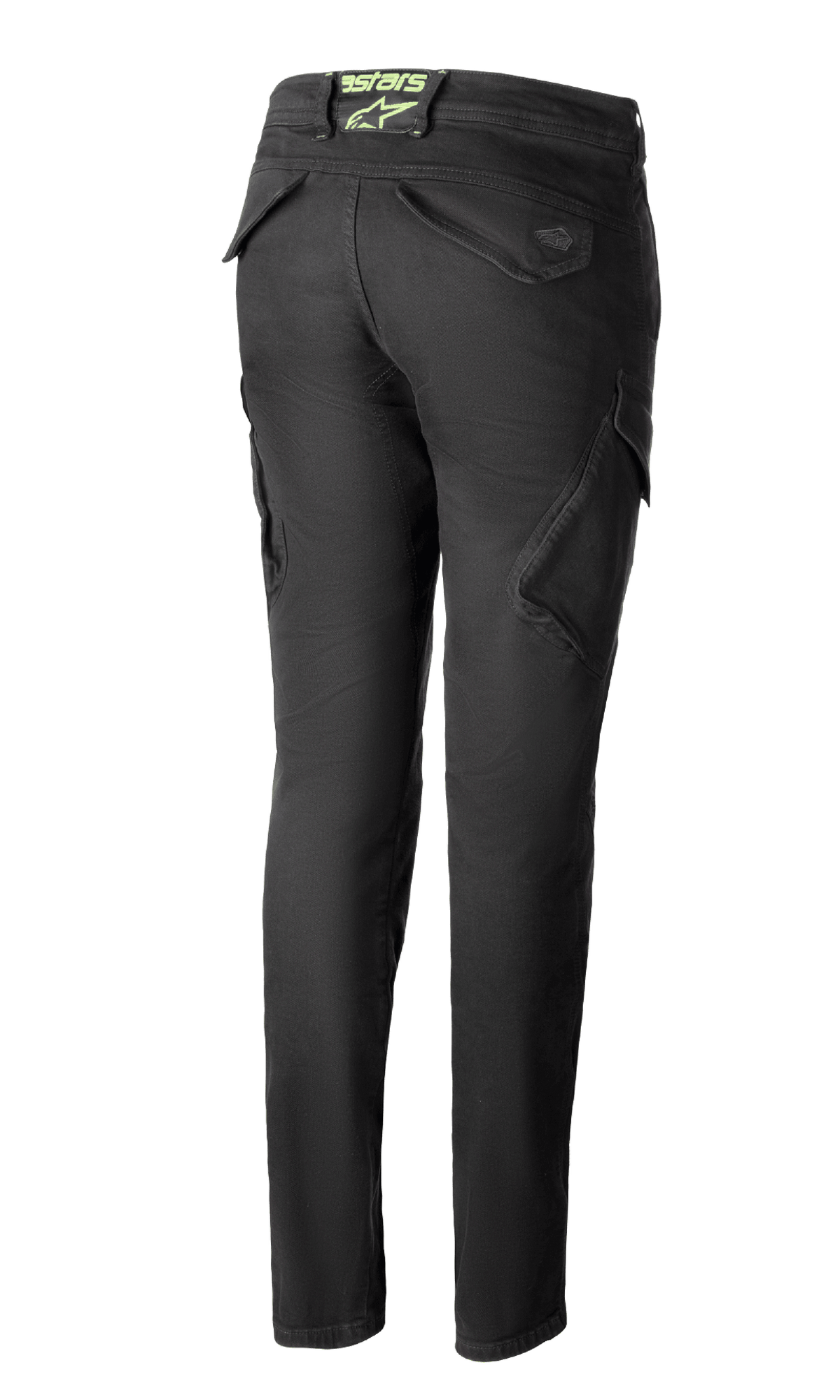 Alpinestars Caliber Women's Tech Riding Denim w kolorze antracytowym, widok z tyłu, dopasowane spodnie motocyklowe typu bojówki, funkcjonalne kieszenie cargo, limonkowe logo astars z tyłu w pasie