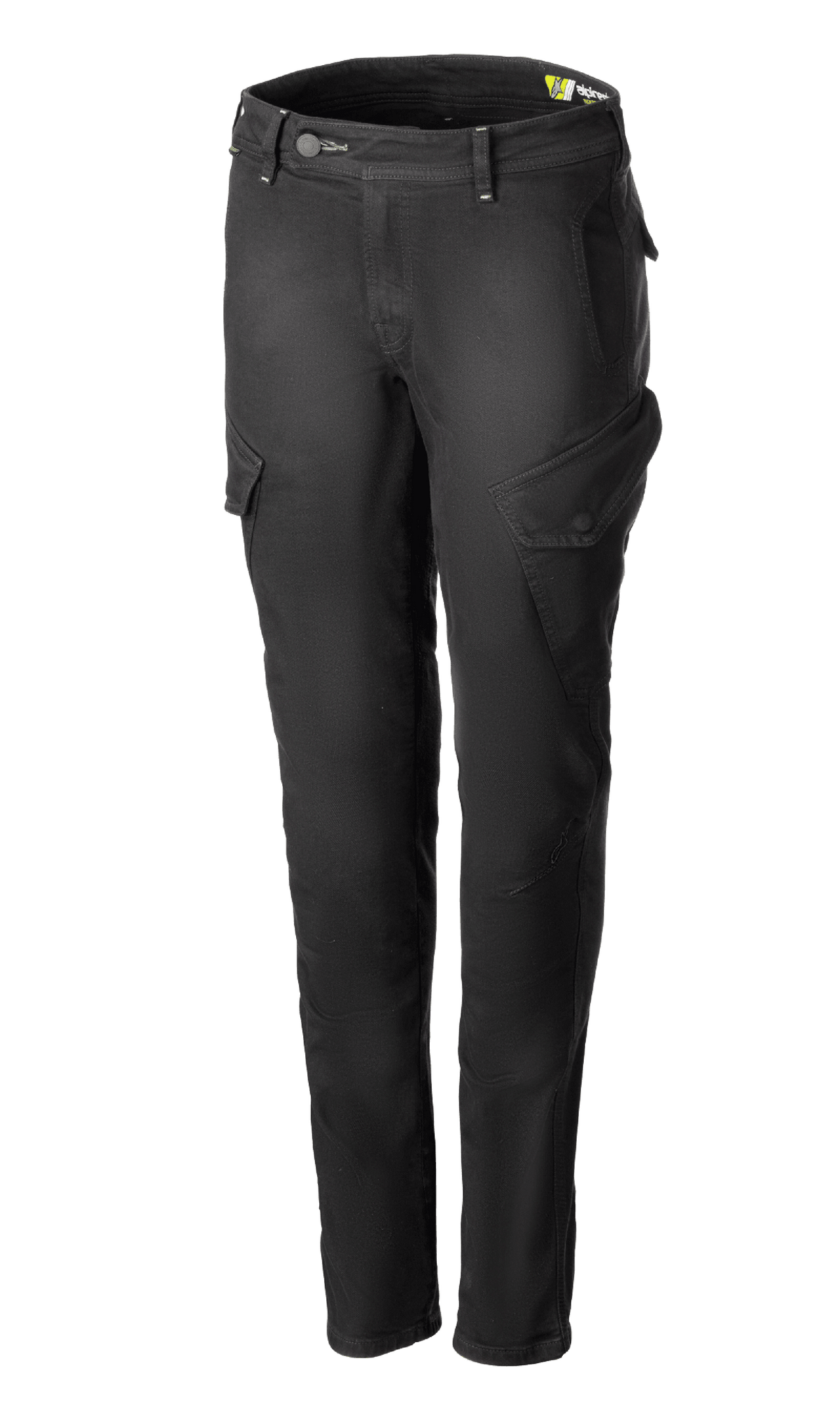 Alpinestars Caliber Women's Tech Riding Denim, antracytowe damskie spodnie motocyklowe cargo, krój slim-fit z ukośnymi bocznymi kieszeniami z klapkami, szlufki i zapięcie na guzik i zamek, wytrzymały elastyczny dżins Cordura, miejska ochronna odzież motocyklowa.