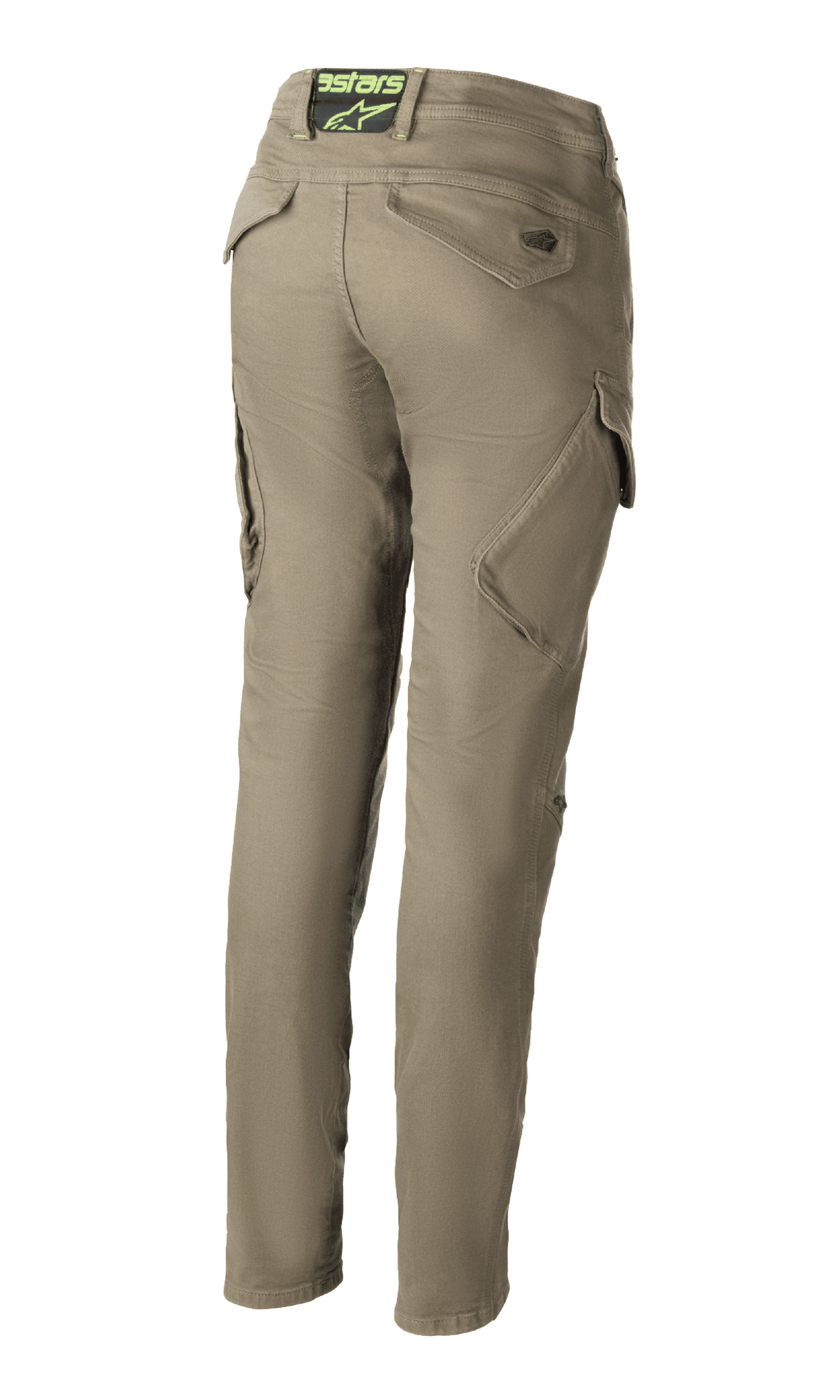 Alpinestars Caliber Women's Tech Riding Denim, damskie spodnie motocyklowe w kolorze Military Green, widok z tyłu ukazujący dopasowany krój bojówek z ukośnymi kieszeniami cargo, logo Astars na tylnym pasie, wytrzymała tkanina Cordura