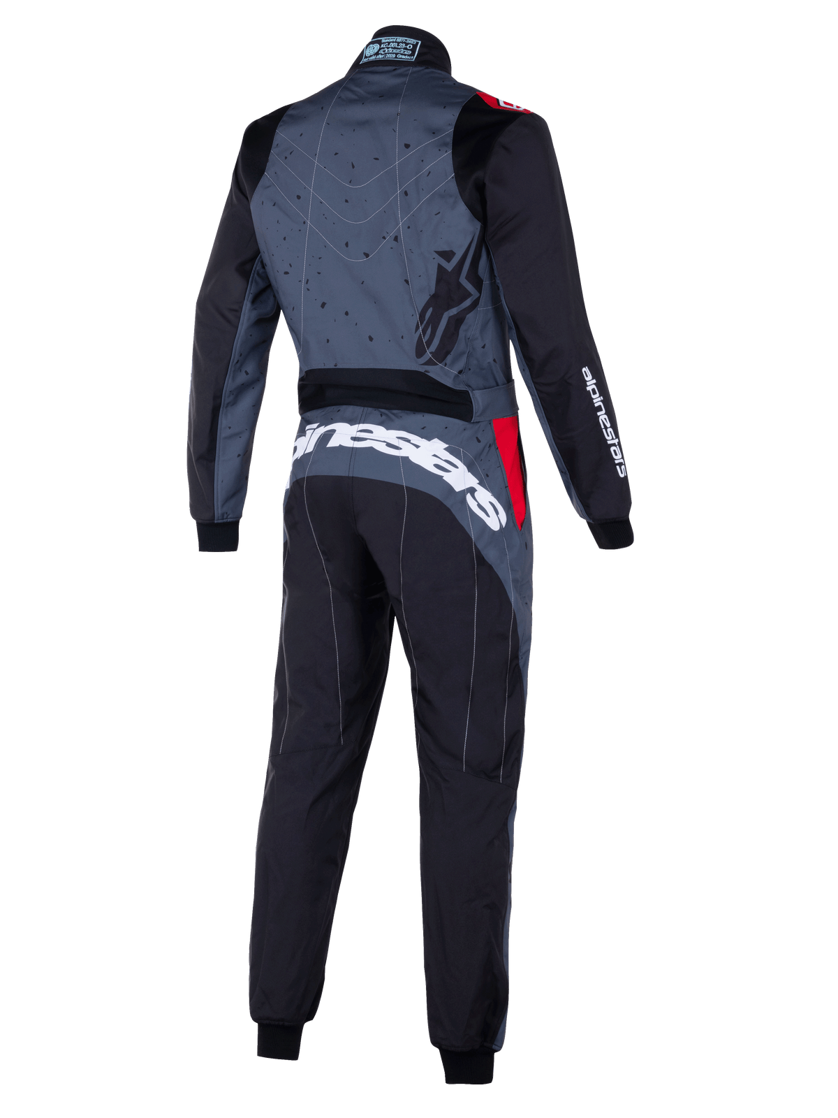 Alpinestars KMX-9 V3 Graphic 6 Suit, szaro-czarny kombinezon kartingowy z czerwonymi akcentami, widok z tyłu z graficznym wzorem na plecach, wyraźne białe logo Alpinestars w dolnej części pleców oraz ergonomiczne panele dla lepszej wydajności w sportach motorowych.