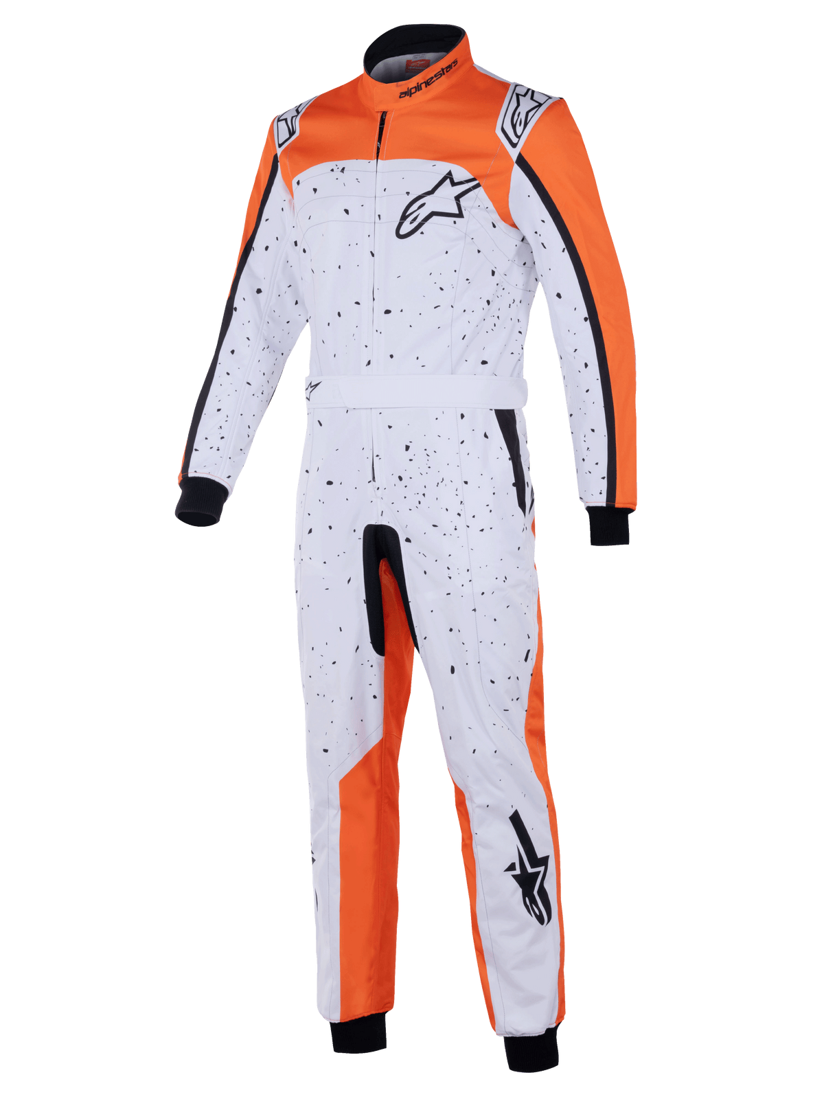 Alpinestars KMX-9 V3 Graphic 6 Suit, kombinezon kartingowy, biało-pomarańczowo-czarny z czarnym wzorem typu splatter, logo Astar na klatce piersiowej i nodze, dzianinowe mankiety i regulowany pas w talii, zaprojektowany dla ochrony w wyścigach kartingowych