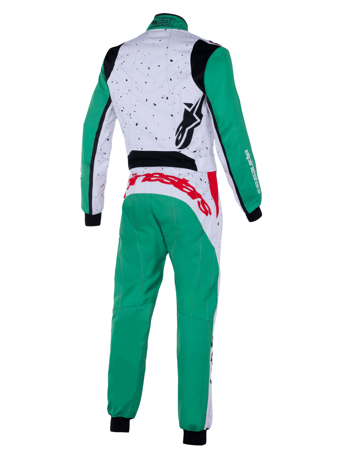 Alpinestars KMX-9 V3 Graphic 6 Suit, kombinezon kartingowy, biały, zielony i czerwony, widok z tyłu, nakrapiany wzór graficzny w górnej części pleców, zielone nogawki i rękawy, wyraziste czerwone logo w dolnej części pleców, czarne elastyczne panele