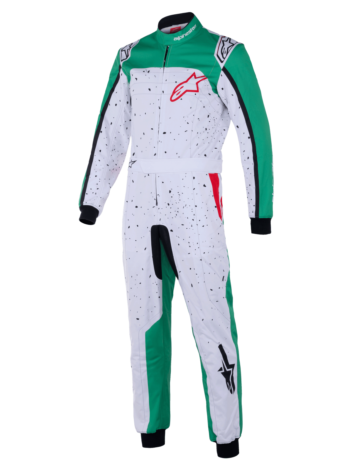 Alpinestars KMX-9 V3 Graphic 6 Suit, kombinezon kartingowy, biało-zielono-czerwony, biały korpus z czarną nakrapianą grafiką, zielone panele boczne na nogawkach i ramionach, czerwone logo Alpinestars na klatce piersiowej, czarne ściągacze na nadgarstkach i kostkach