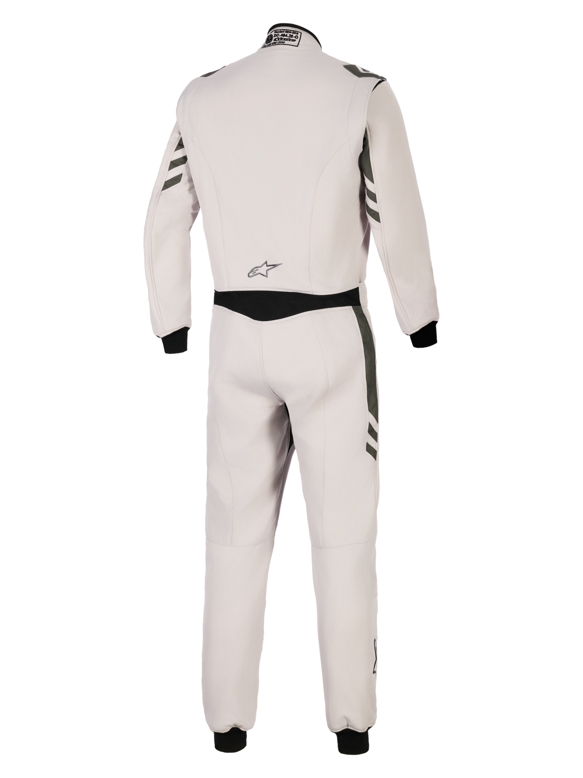 Alpinestars GP Race V3 Suit FIA, Rear view of silver anthracite one-piece auto racing suit, light grey body with dark anthracite accents on sleeves and legs, black ribbed cuffs, professional motorsport protective gear