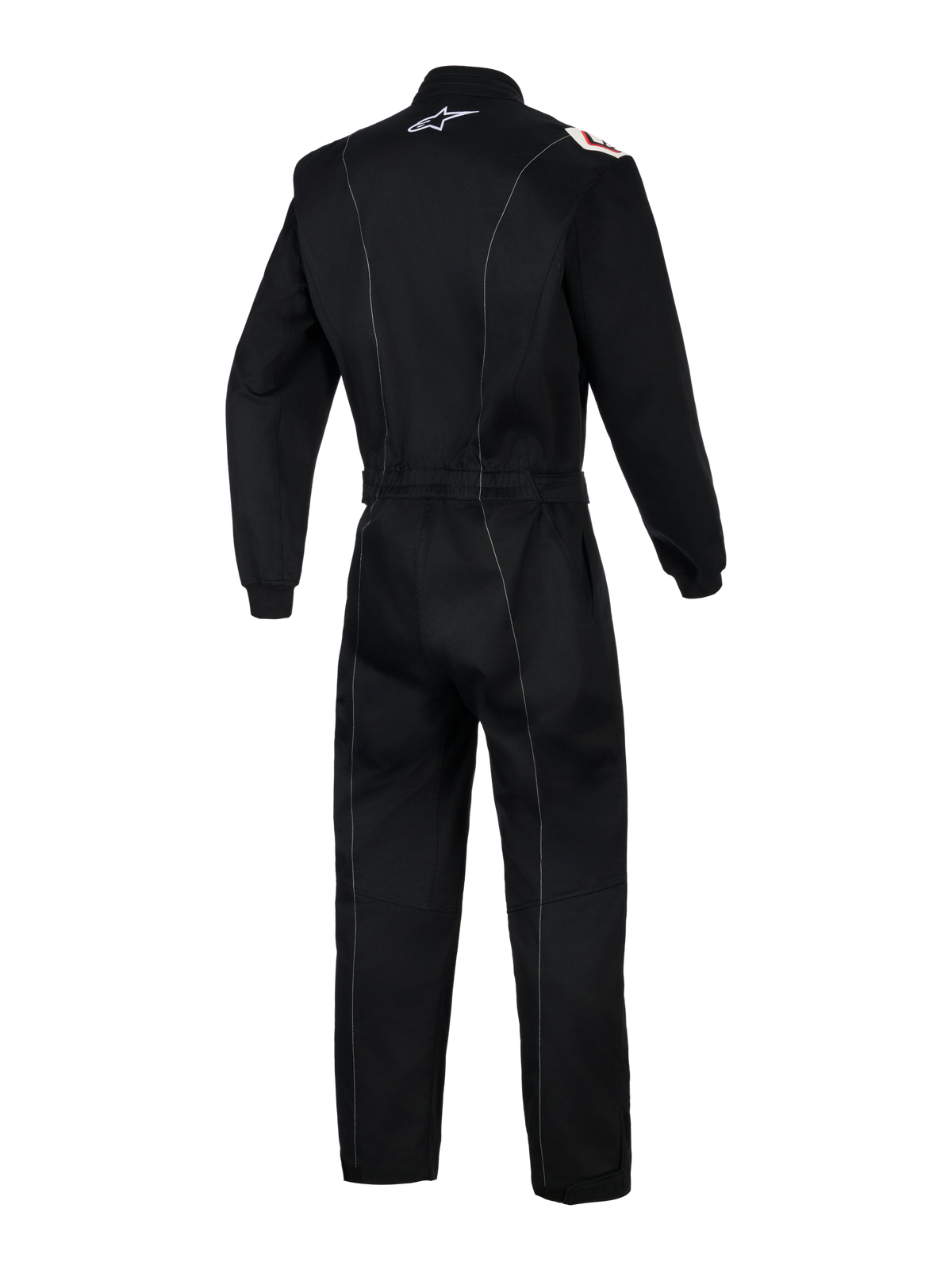 Alpinestars Kart Indoor V2 Suit, One-piece Karting Suit, Black, rear view showing white contrast stitching, elastic waist belt, and white Alpinestars logo on the collar, ergonomic design for indoor karting sessions