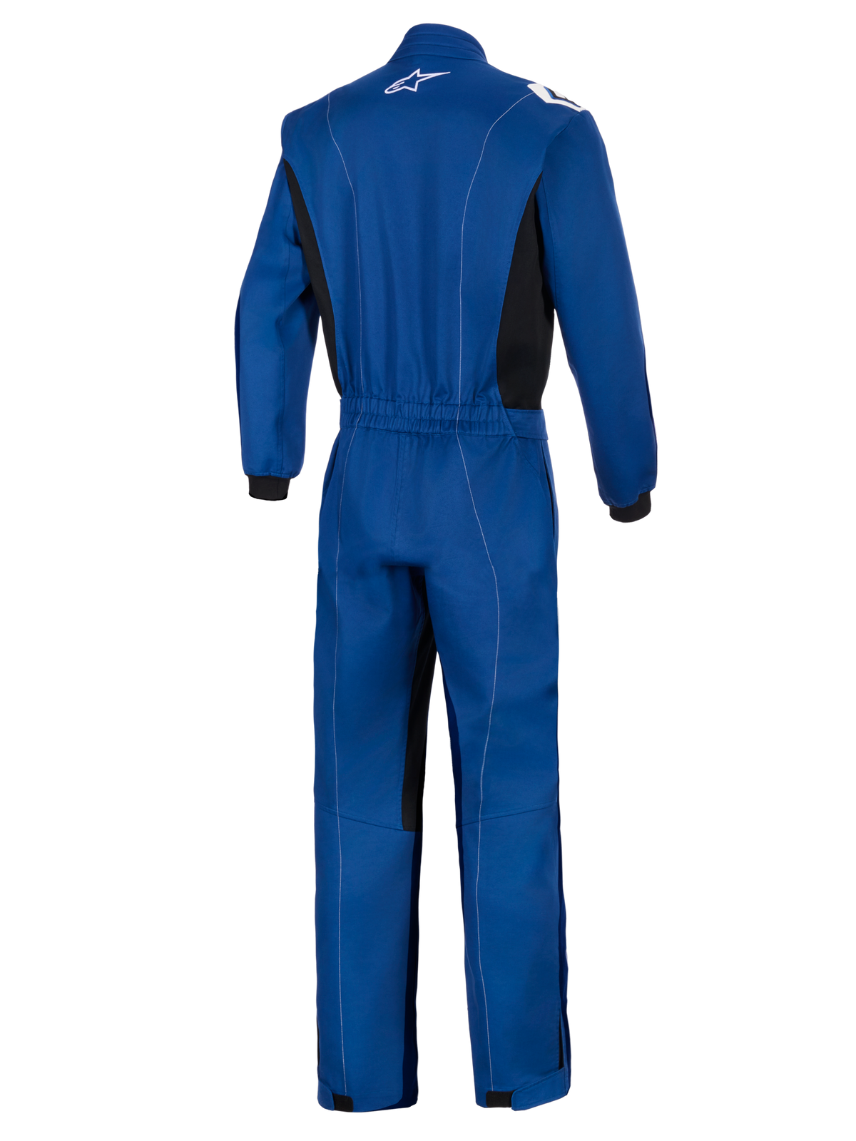 Alpinestars Kart Indoor V2 Suit, niebieski, widok z tyłu jednowarstwowego kombinezonu kartingowego, elastyczny pas, czarne panele boczne, białe kontrastowe przeszycia, białe logo Alpinestars na kołnierzu