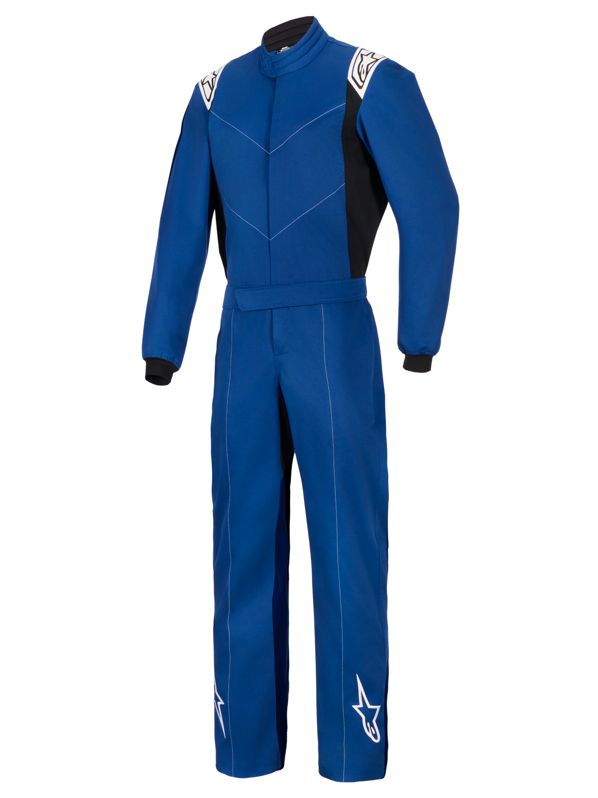 Alpinestars Kart Indoor V2 Suit, niebieski jednoczęściowy kombinezon kartingowy, białe logo na ramionach i dolnej części nogawek, czarne panele boczne i mankiety, wytrzymała jednowarstwowa konstrukcja z kepru polibawełnianego do kartingu rekreacyjnego