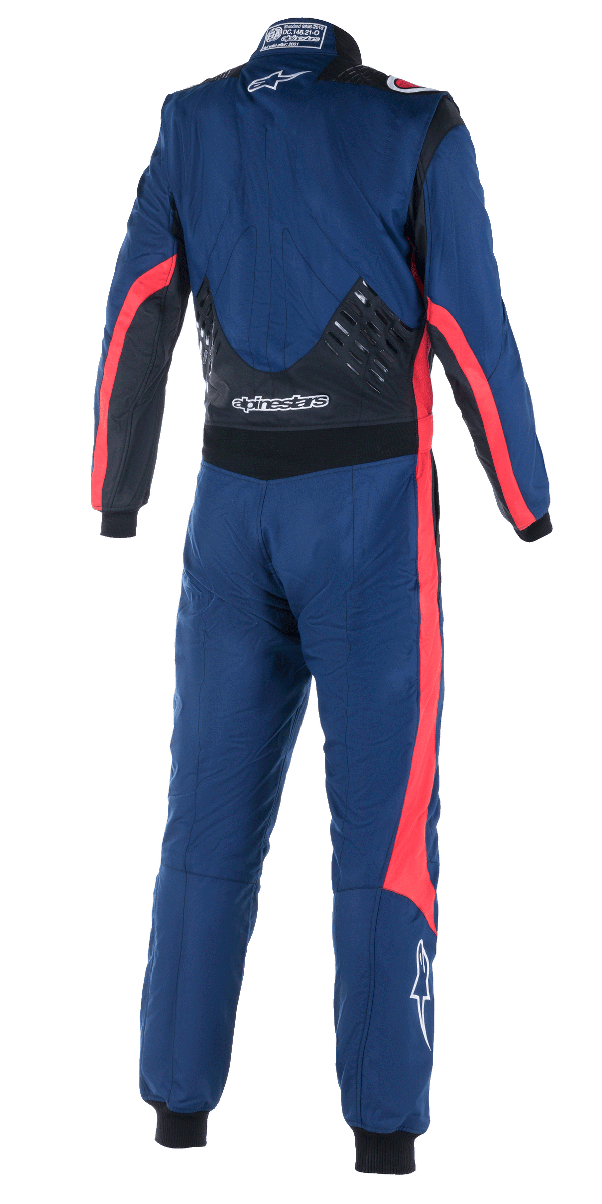 Kombinezon Alpinestars GP Pro Comp V2 FIA, widok z tyłu jednoczęściowego kombinezonu samochodowego, granatowy z czarnymi i czerwonymi akcentami, silikonowe panele w dolnej części pleców, czerwone pasy na rękawach i nogawkach, białe logo Alpinestars, profesjonalna odzież wyścigowa