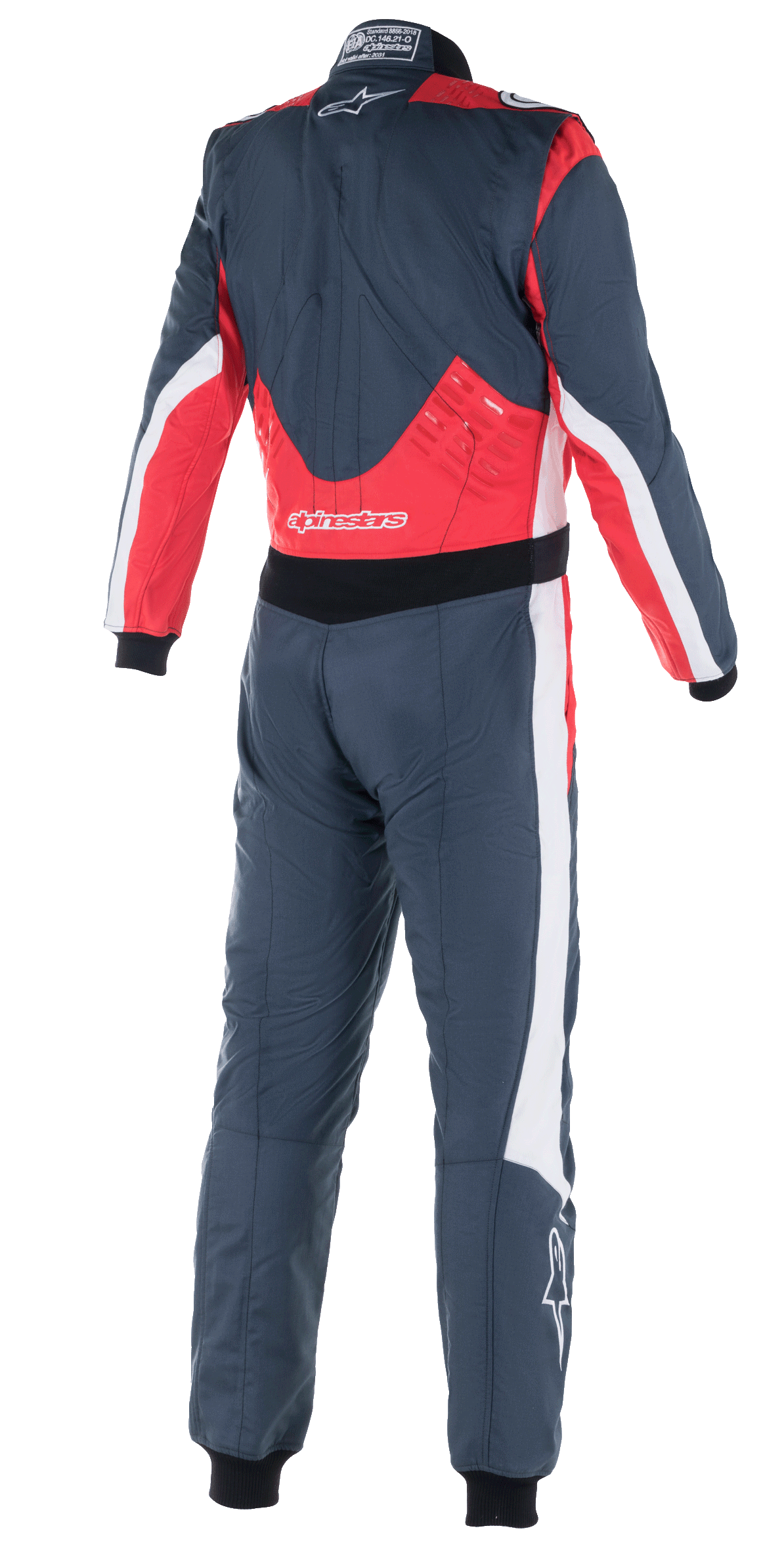 Alpinestars GP Pro Comp V2 FIA Suit, kombinezon samochodowy, kolor asfaltowy, czerwony i biały, widok z tyłu z czerwonymi panelami na dolnej części pleców i ramionach, białe akcenty po bokach, logo Alpinestars