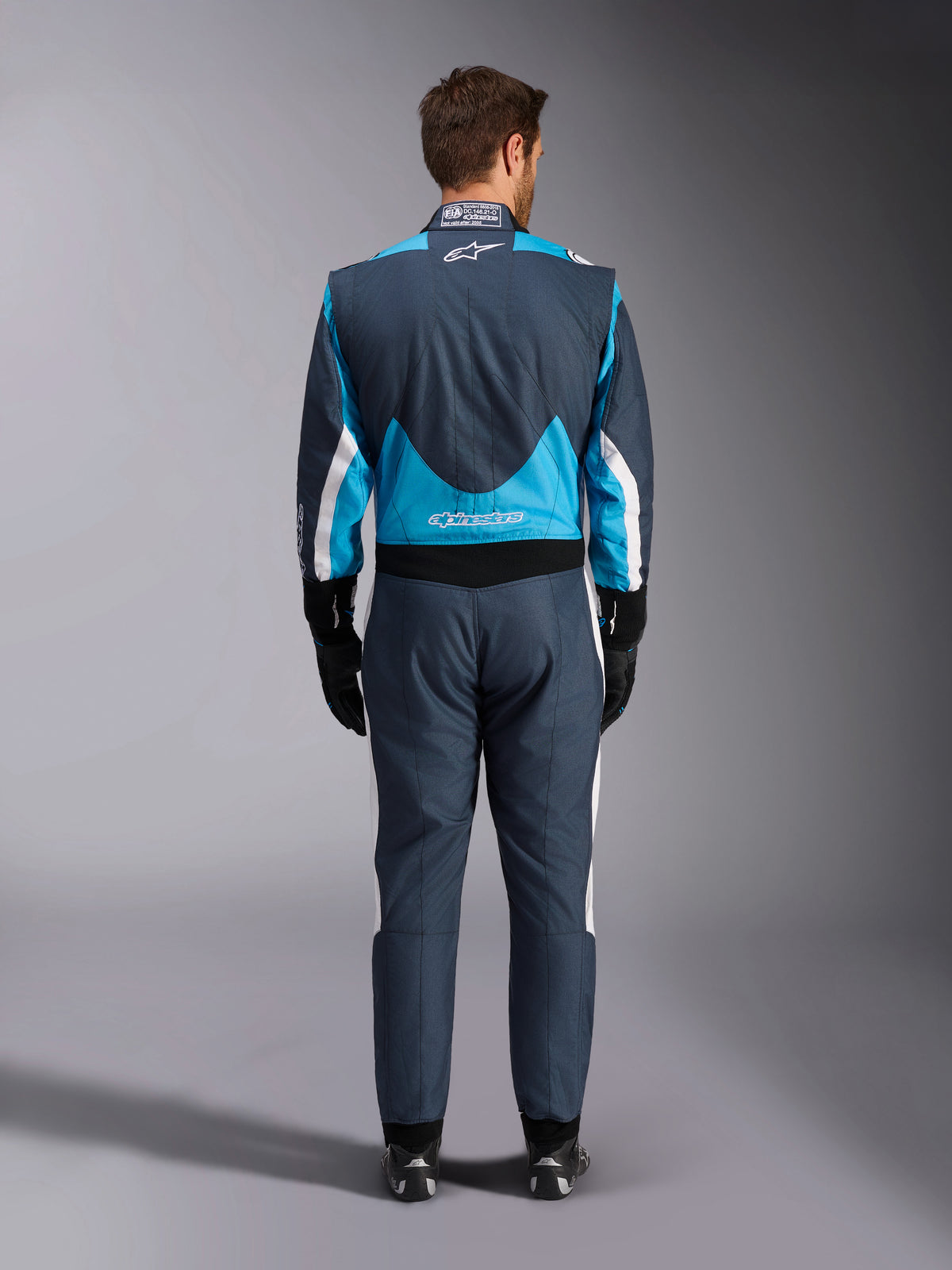 Alpinestars GP Pro Comp V2 FIA Men's Auto Racing Suit in Asphalt Cyan White, back view, professional racing protection.