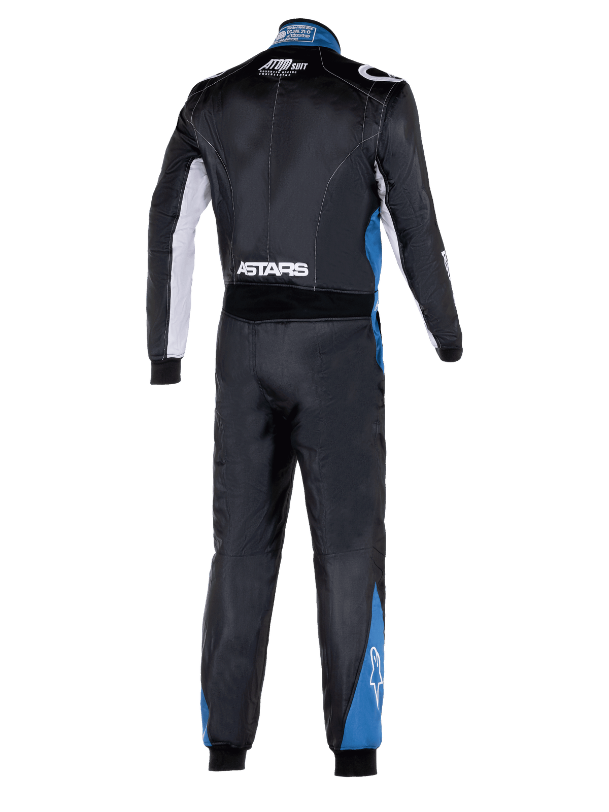 Alpinestars Atom Graphic 4 Suit, widok z tyłu na całą sylwetkę, samochodowy kombinezon wyścigowy, czarny ze srebrnymi i niebieskimi akcentami, biały napis ASTARS w pasie, niebieskie panele na nogawkach, profesjonalna odzież ochronna do sportów motorowych z certyfikatem FIA