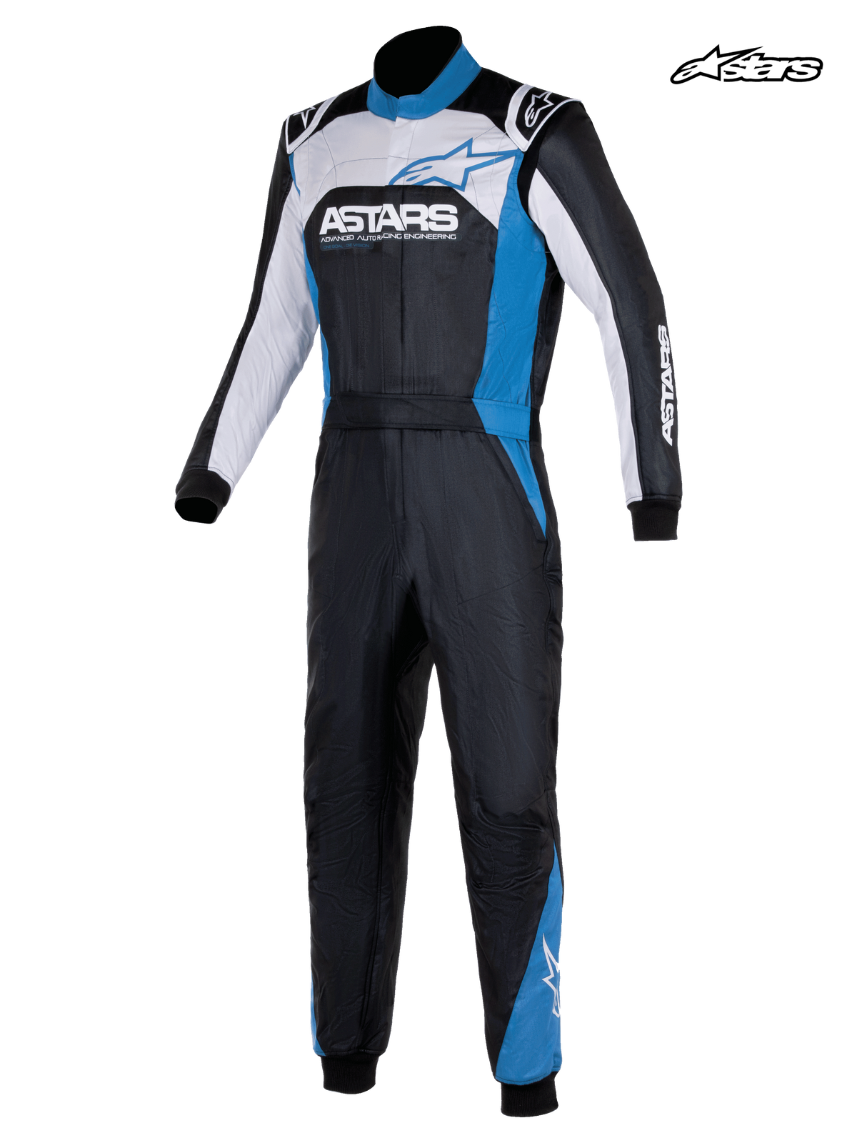 Alpinestars Kombinezon Atom Graphic 4 - FIA, męski kombinezon wyścigowy samochodowy w kolorze czarnym, srebrnym i niebieskim, widok z przodu przedstawiający dwuwarstwową konstrukcję z aramidu i certyfikat FIA 8856-2018