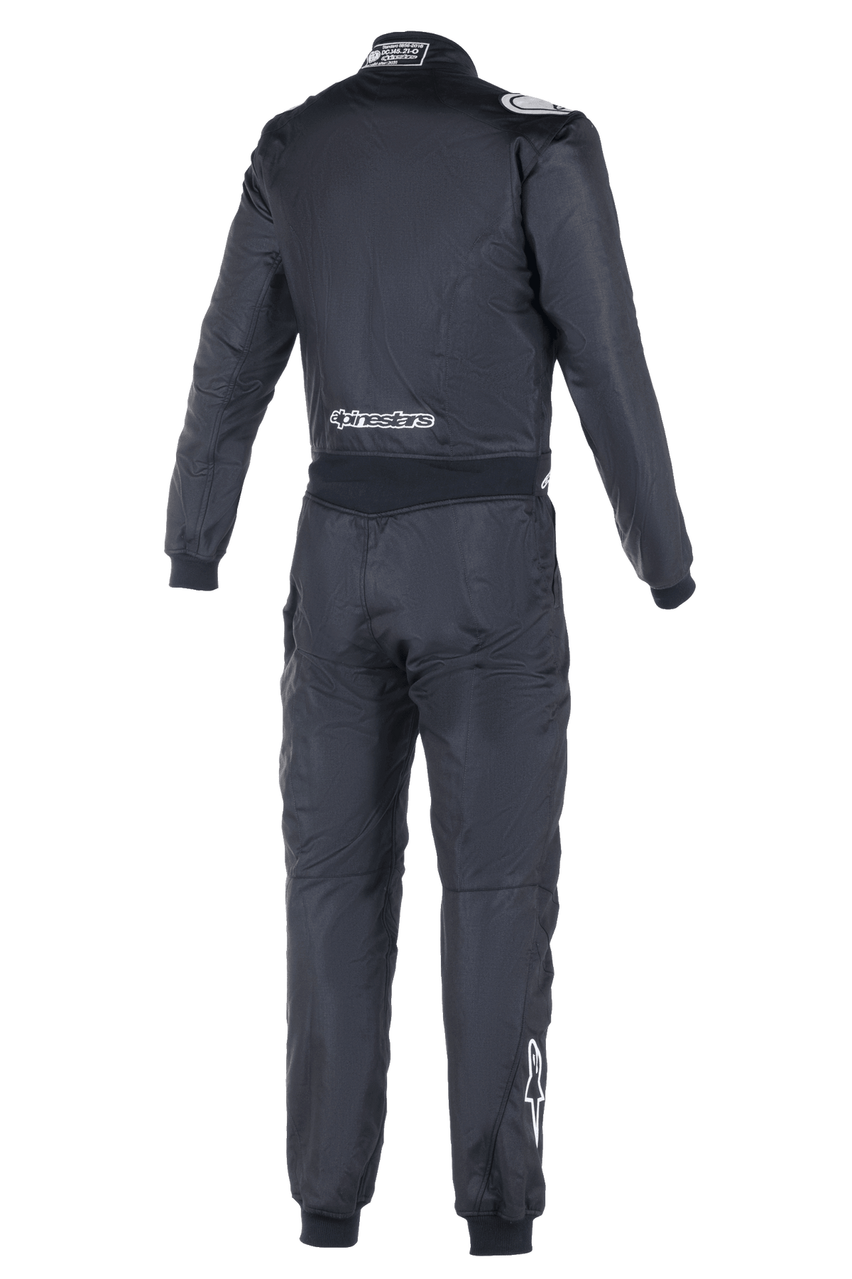 Kombinezon Alpinestars Atom FIA, samochodowy kombinezon wyścigowy, widok z tyłu, czarny, białe logo Alpinestars na dole pleców i prawej łydce, etykieta homologacji FIA na kołnierzu, jednoczęściowa konstrukcja tekstylna zapewniająca bezpieczeństwo w profesjonalnych sportach motorowych