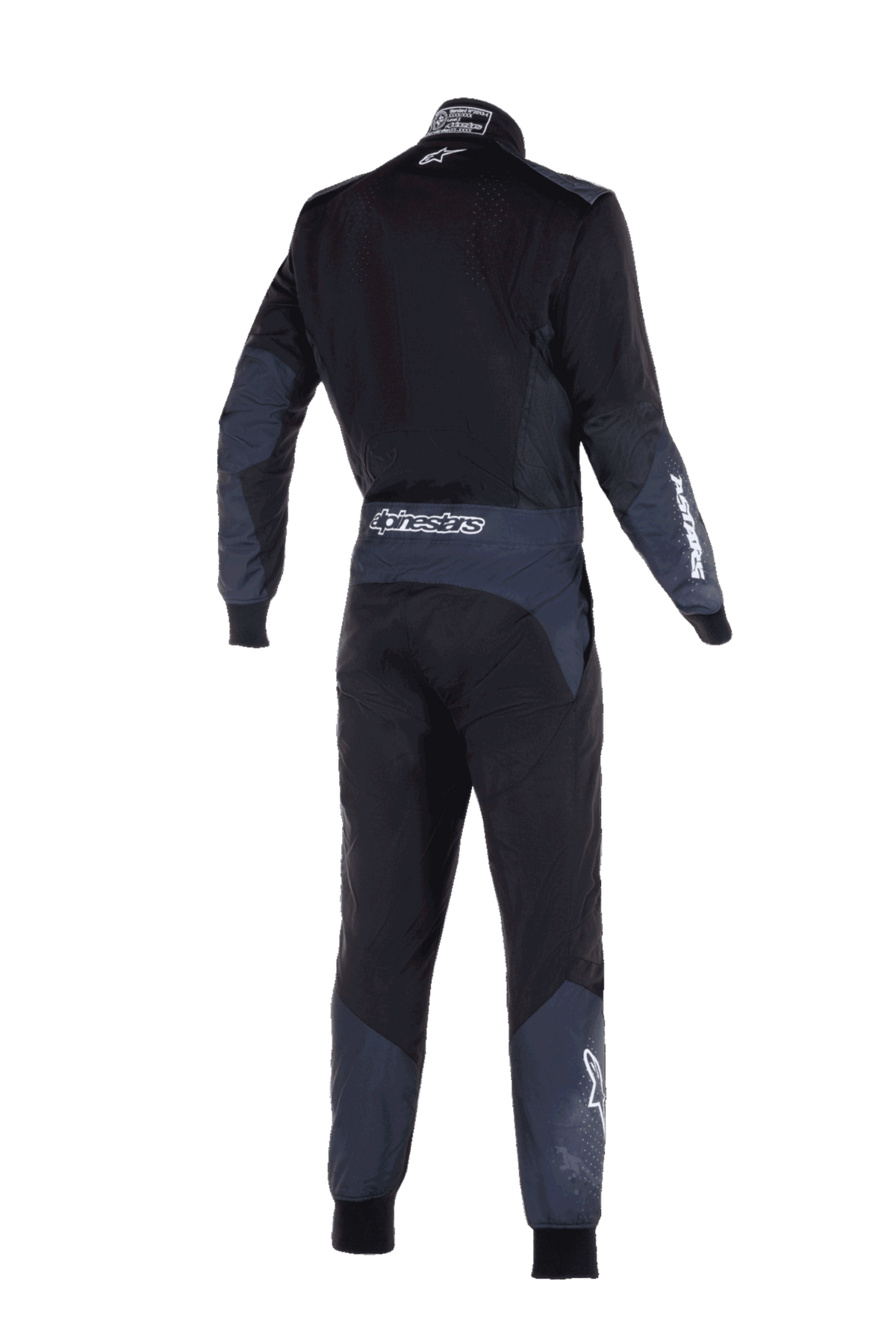 Alpinestars KMX-5 V3 Suit, kartingowy kombinezon wyścigowy, czarny i ciemnoszary (Dark Shadow), widok z tyłu z białym logo Alpinestars na pasie i rękawie, ciemnoszare panele techniczne na ramionach i nogawkach, smukły wyczynowy design
