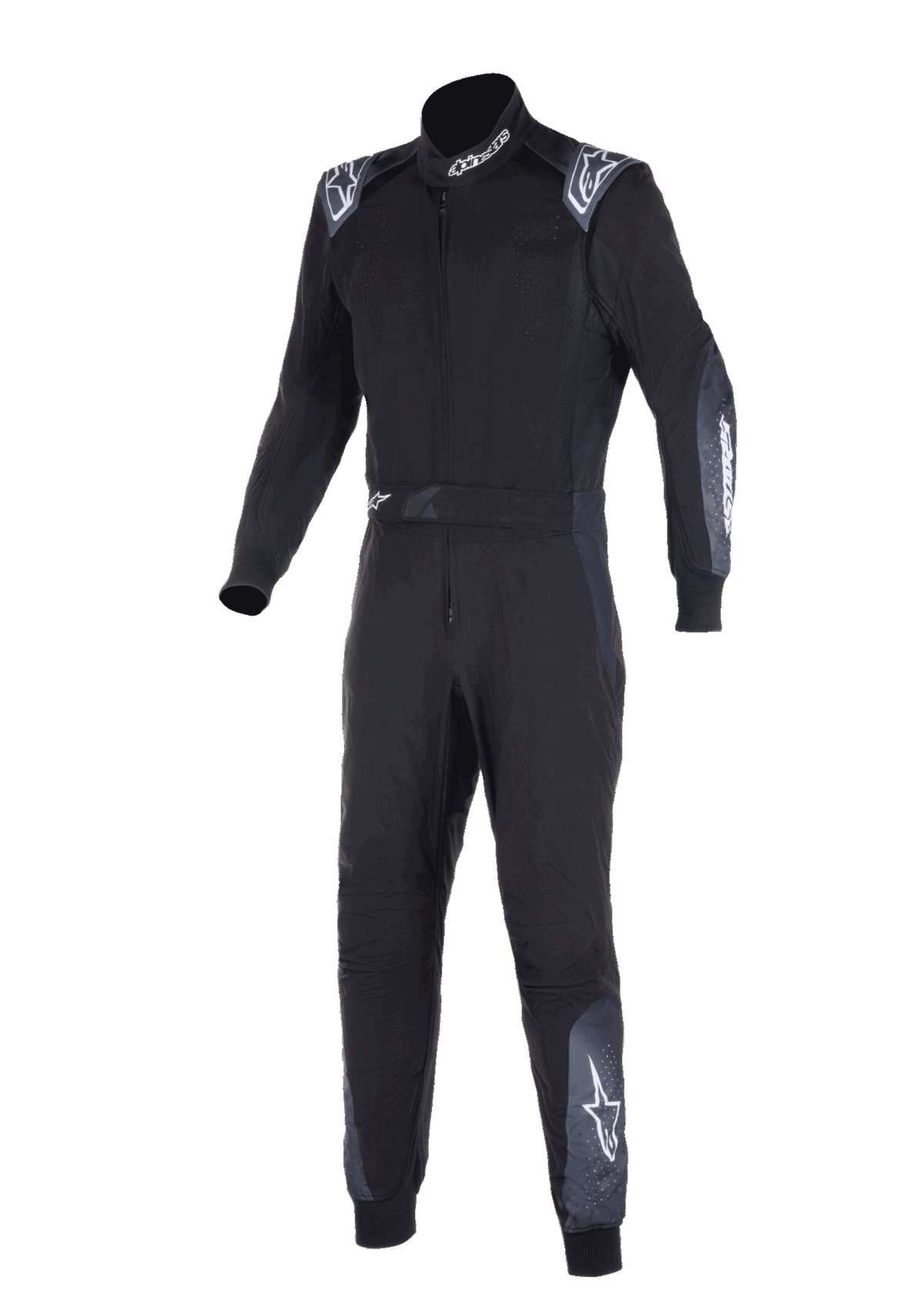 Kombinezon Alpinestars KMX-5 V3, kombinezon kartingowy, czarny i ciemnoszary, jednoczęściowy kombinezon wyścigowy z białym logo Alpinestars na ramionach, kołnierzu i nogawkach, techniczna dwuwarstwowa konstrukcja do profesjonalnego kartingu.