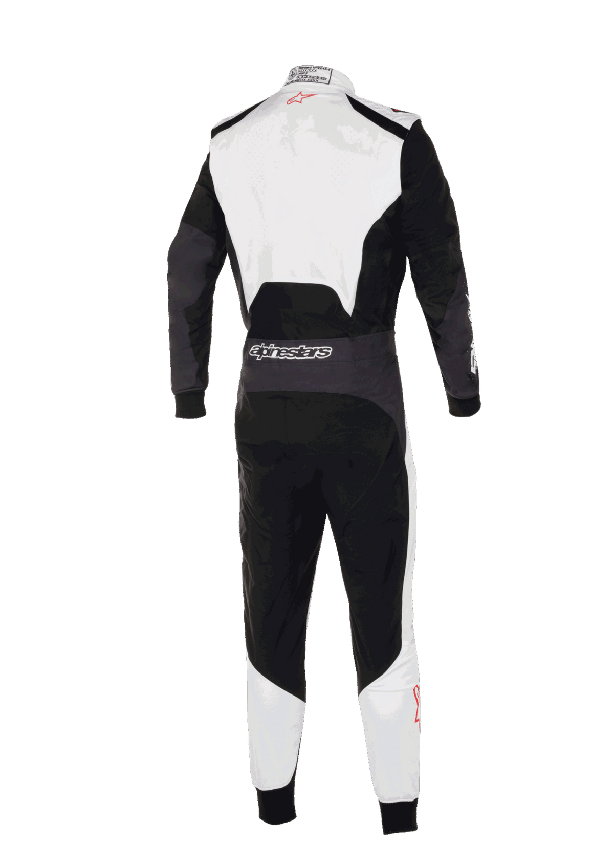 Kombinezon Alpinestars KMX-5 V3, widok z tyłu profesjonalnego kombinezonu kartingowego, biały, czarny i jaskrawoczerwony, z białą górną częścią pleców i dolną częścią nogawek oraz czarnymi panelami głównymi, logo Alpinestars na tylnej części pasa, ergonomiczna konstrukcja do profesjonalnych wyścigów.