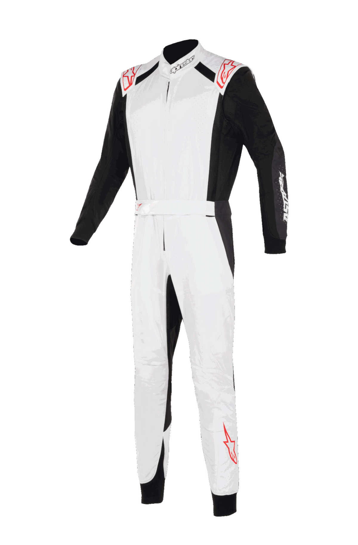 Kombinezon Alpinestars KMX-5 V3, kombinezon kartingowy, biały, czarny i jaskrawoczerwony, widok z przodu, biała klatka piersiowa i nogawki z czarnymi rękawami i panelami bocznymi, czerwone logo gwiazdy na ramionach i dolnej części nogawki, profesjonalny design wyścigowy do kartingu.