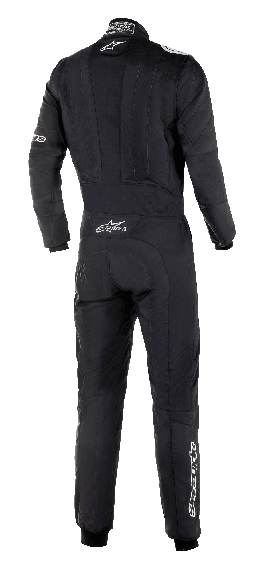 Alpinestars GP Tech V3 Suit FIA, widok z tyłu czarnego kombinezonu wyścigowego, białe logo Alpinestars i branding GP Tech V3 na dole pleców, profesjonalna odzież motorsportowa z widocznymi elastycznymi panelami i sportowym krojem