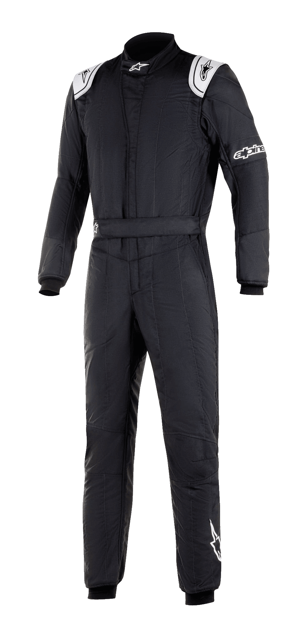 Alpinestars GP Tech V3 Suit FIA, czarny kombinezon wyścigowy, białe panele na ramionach z logo, wysoki kołnierz, logo Alpinestars na rękawie i nogawce, profesjonalna odzież do sportów motorowych o technicznym panelowym designie
