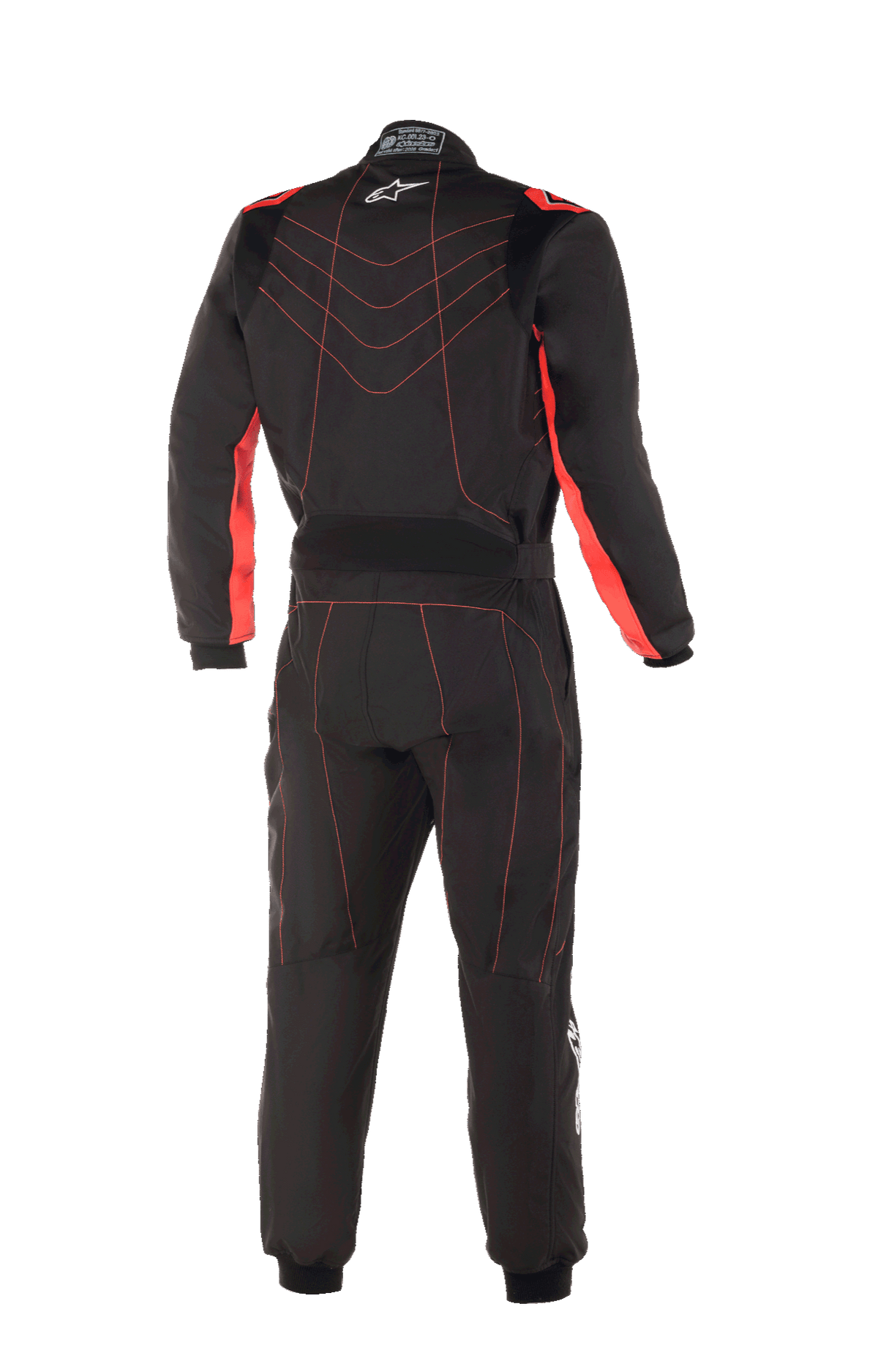 Alpinestars Youth KMX-9 V3 Suit, kombinezon kartingowy, czarny i czerwony fluo, widok z tyłu z czerwonymi kontrastowymi szwami w jodełkę na plecach, czerwonymi panelami na wewnętrznej stronie ramion, małym białym logo gwiazdy na kołnierzu i regulowanym pasem dla profesjonalnego wyścigowego wyglądu.