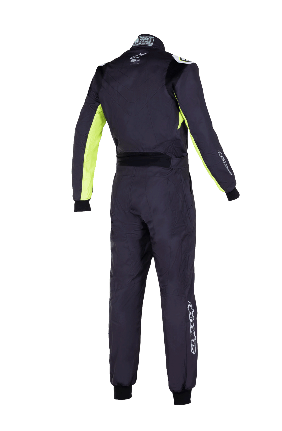 Alpinestars Youth KMX-9 V3 Suit Graphic 3, młodzieżowy kombinezon kartingowy, czarny z neonowożółtymi akcentami, widok z tyłu jednoczęściowego kombinezonu wyścigowego z elastycznymi panelami na plecach i ramionach, neonowożółte detale po wewnętrznej stronie ramion, logo Alpinestars na kołnierzu i dolnej części nogawki