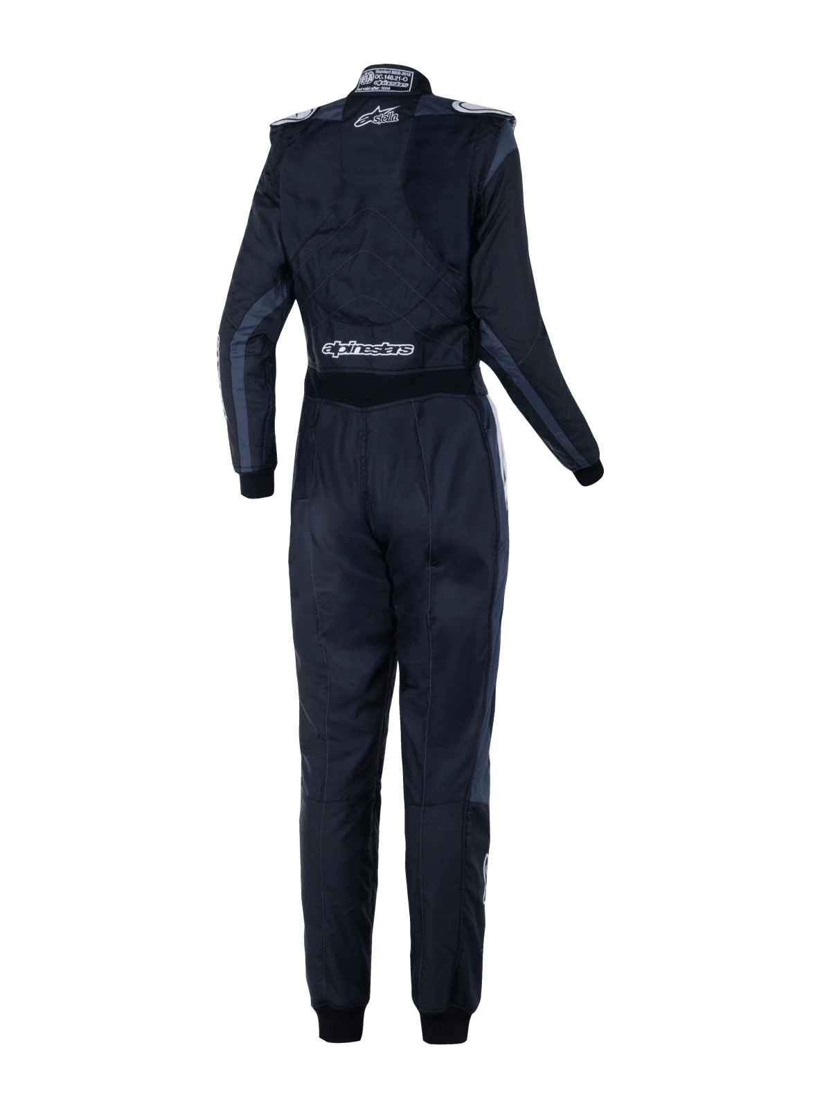 Alpinestars Stella GP Pro Comp V2 Suit - FIA dla kobiet, widok z tyłu, czarny (Black Asphalt) i biały, z białymi logotypami Stella i Alpinestars, profesjonalny kombinezon wyścigowy z naramiennikami i anatomicznymi panelami.