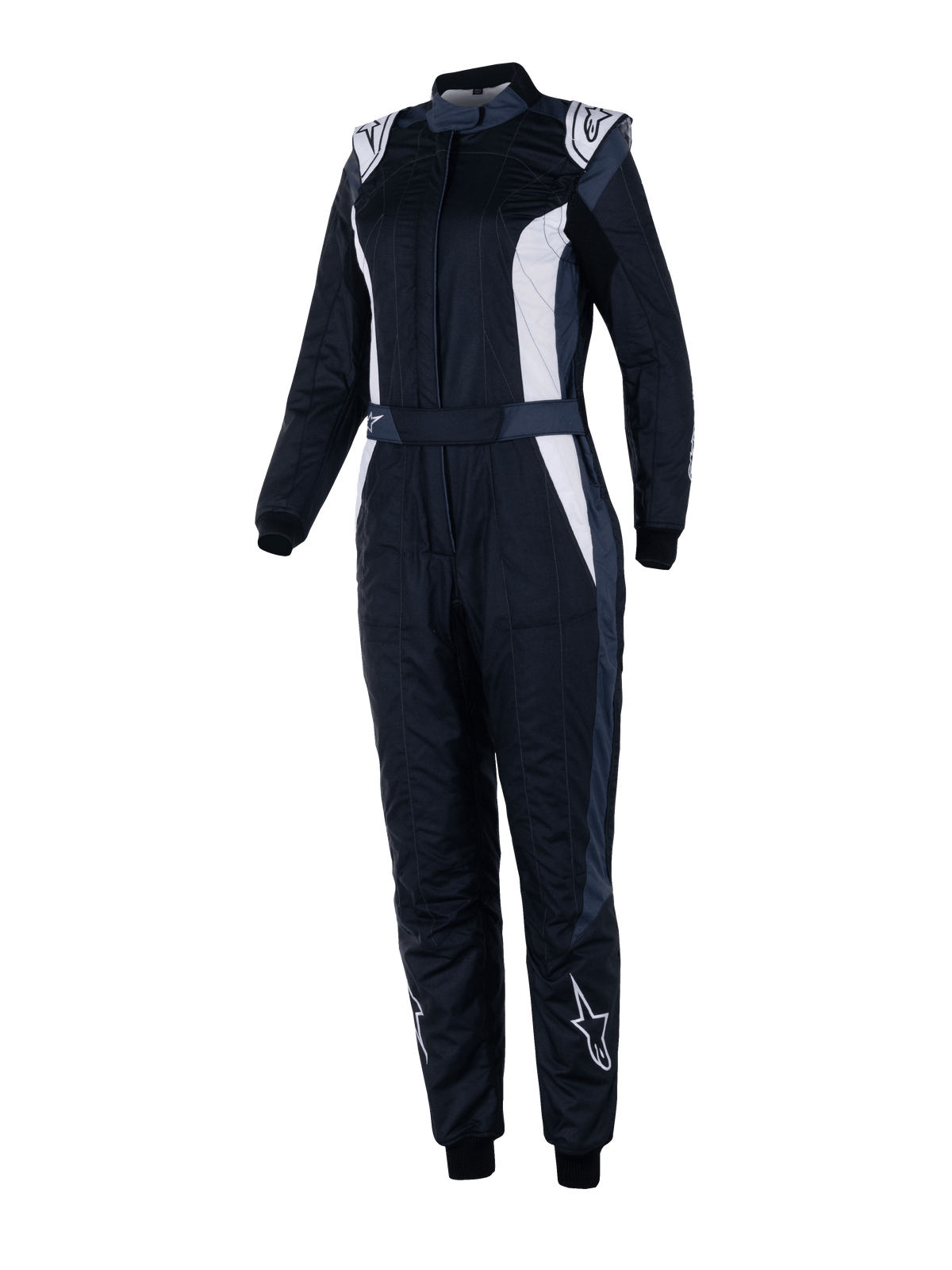 Alpinestars Stella GP Pro Comp V2 Suit, damski kombinezon wyścigowy FIA, czarny (Black Asphalt) i biały, długie rękawy z wysokim kołnierzem, białe logo na ramionach i goleniach, regulowany pas w talii, elastyczne mankiety, aerodynamiczny design do profesjonalnych wyścigów