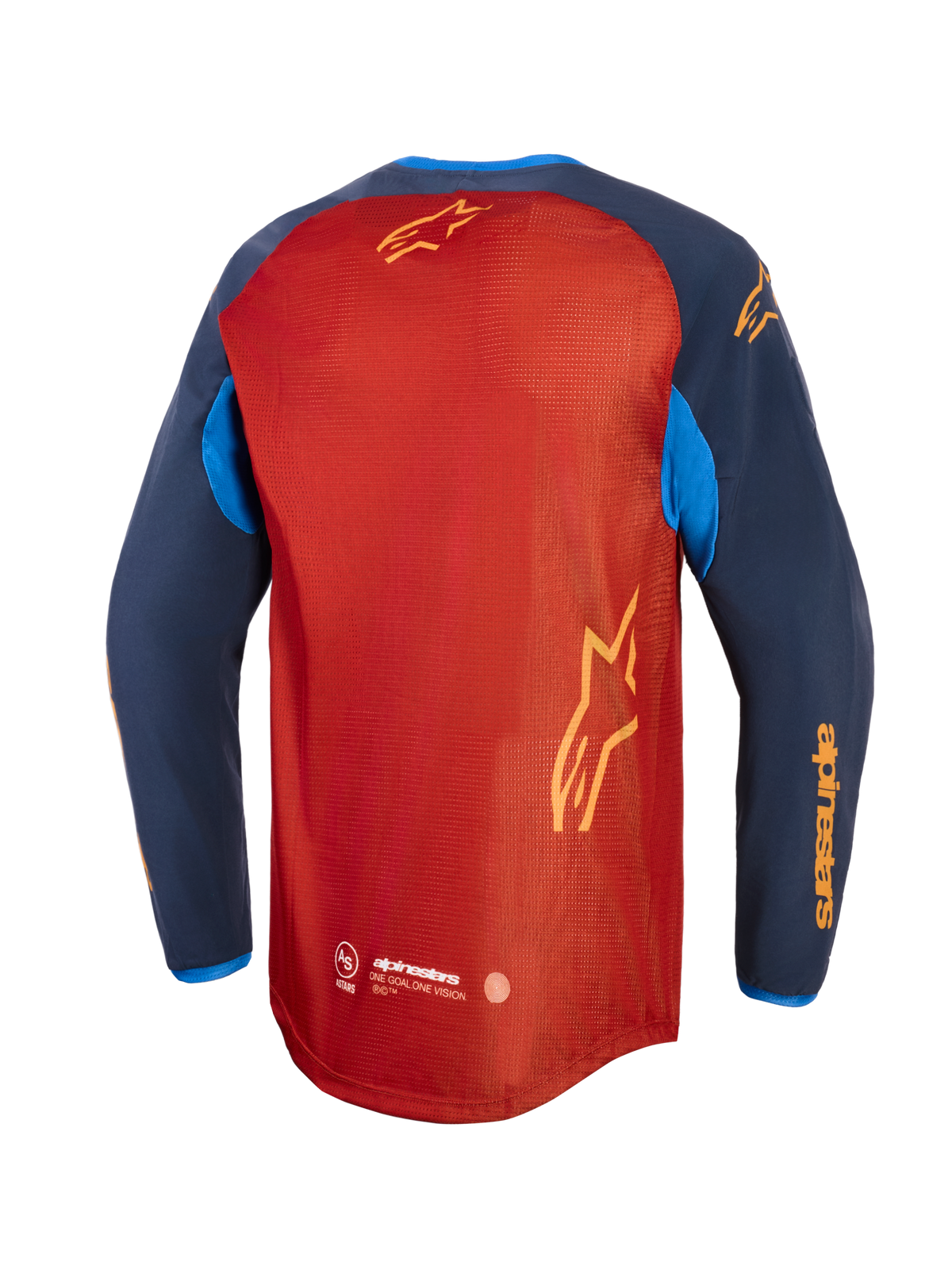 Alpinestars Maxdura Dual Jersey, koszulka motocyklowa adventure, rdzawy brąz i granat Mood Indigo z jaskrawoniebieskimi akcentami, widok z tyłu prezentujący pełny siatkowy tułów, przedłużony dolny brzeg oraz żółte logo Alpinestars na rękawach i plecach