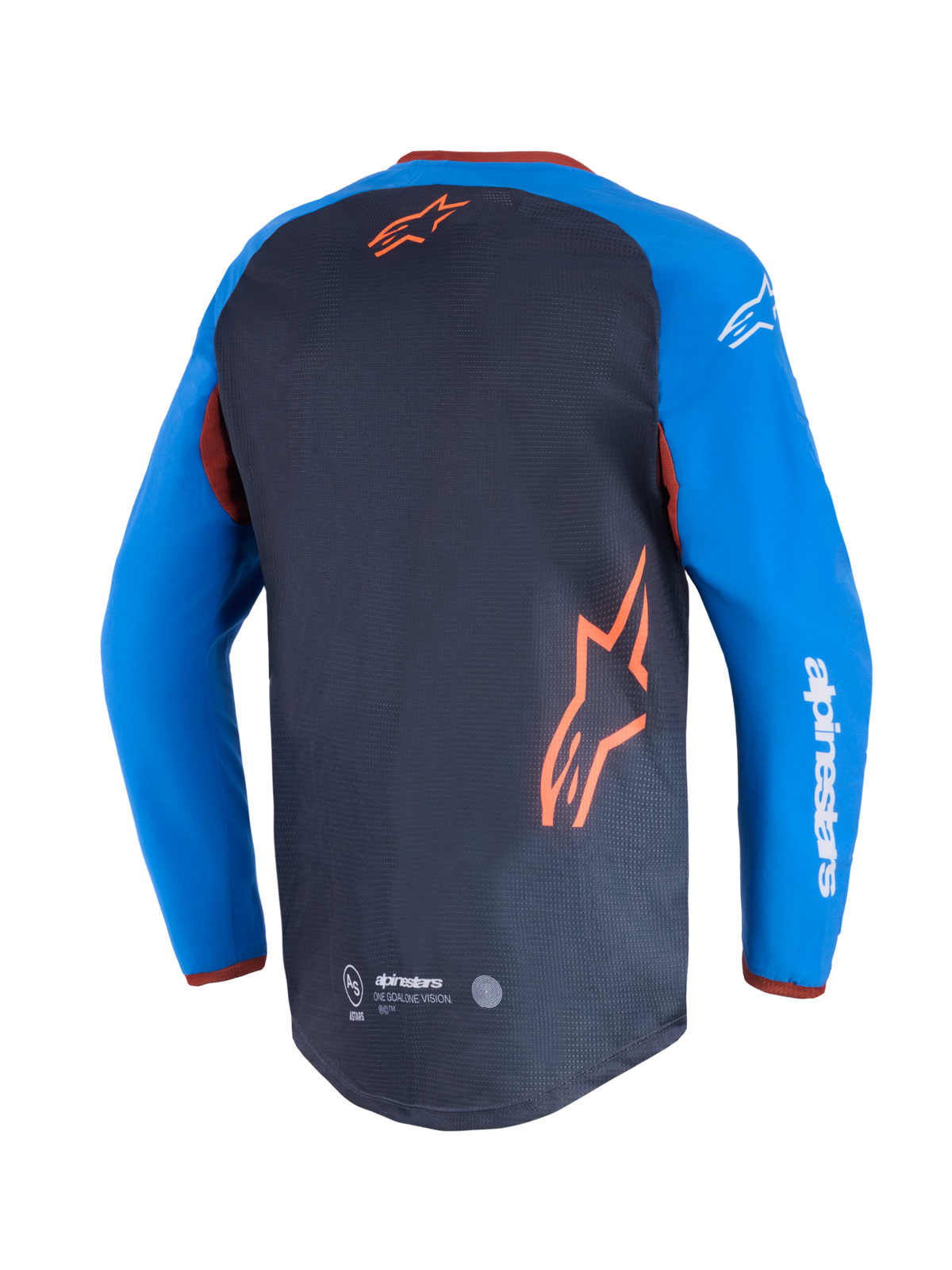 Alpinestars Maxdura Dual Jersey, koszulka motocyklowa, ciemnoszara i niebieska (royal blue), widok z tyłu pokazujący siatkowy panel na torsie i pomarańczowe logo gwiazdy, niebieskie rękawy z białym napisem Alpinestars, wydłużony tył dla lepszej wydajności off-road