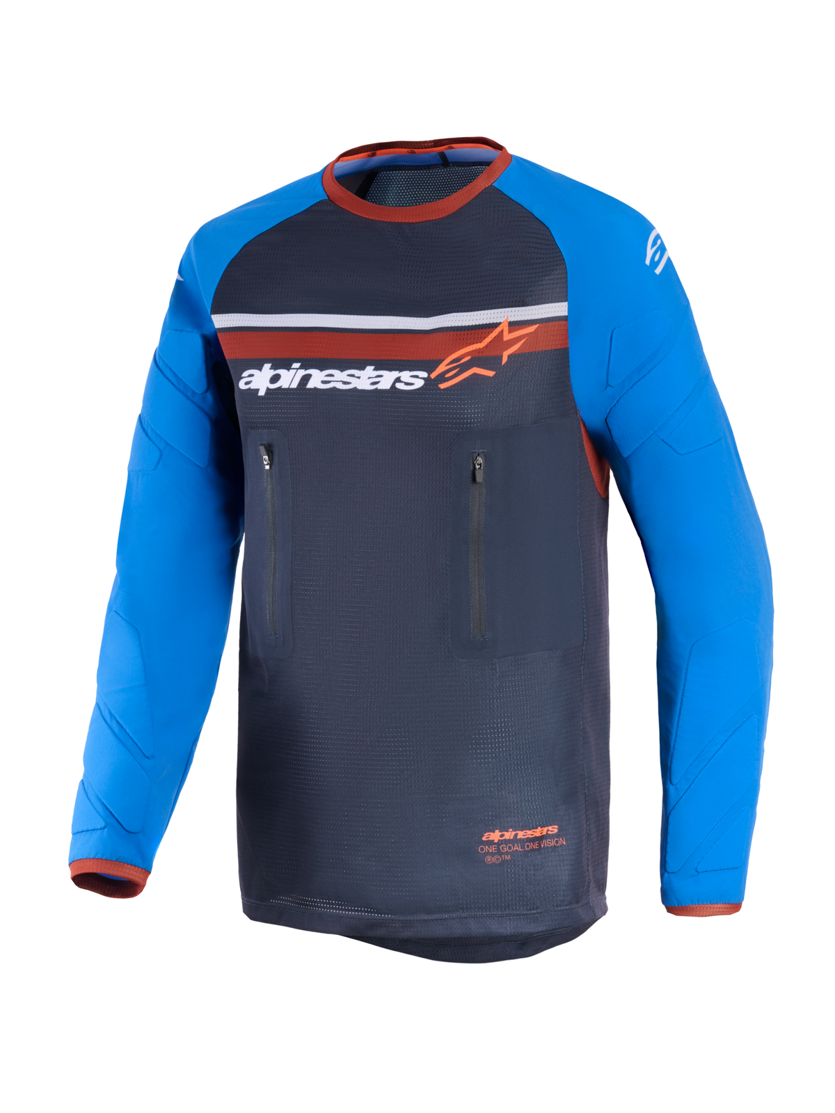 Alpinestars Maxdura Dual Jersey, ciemnoszara i niebieska, koszulka motocyklowa dual-sport z torsem z pełnej siatki, odpornymi na ścieranie długimi rękawami ze wzmocnieniami, pomarańczowymi akcentami i dwiema pionowymi kieszeniami na piersi zapinanymi na zamek